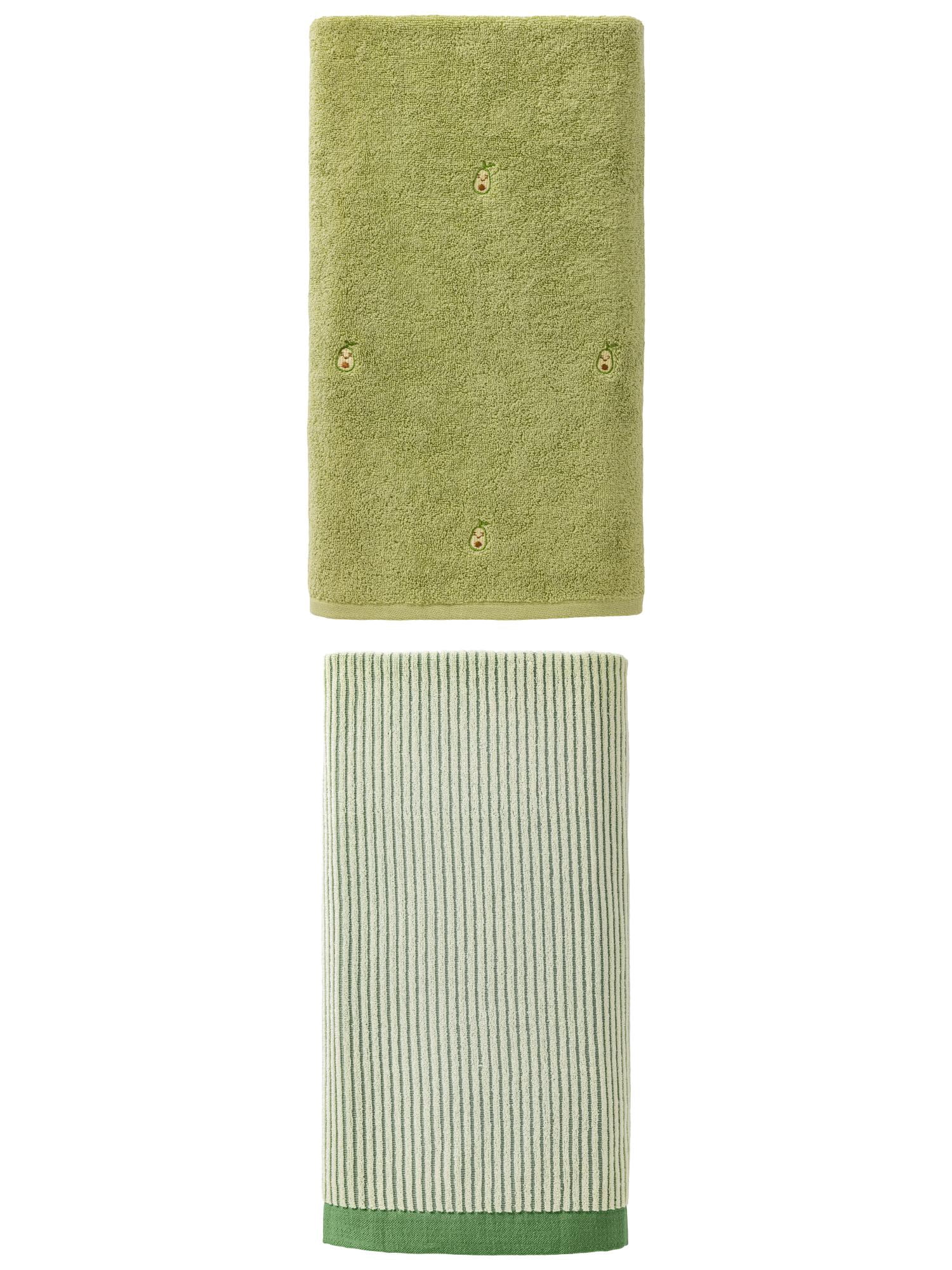 Unique Bargains Cozy Super Absorbent Pure Cotton Striped Bath Towel 2 Pack Green/Avocado Green 55" x 28"