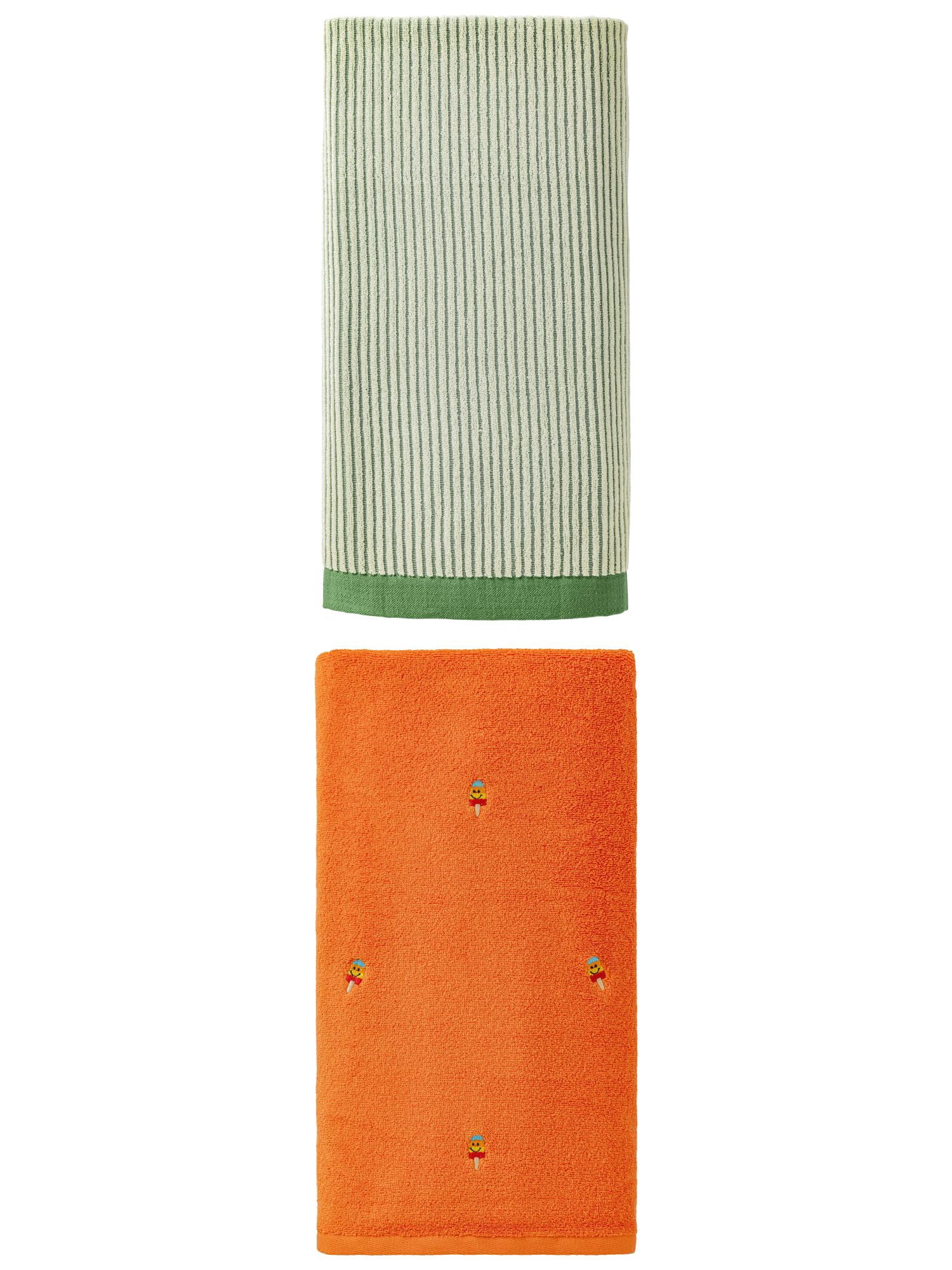 Unique Bargains Cozy Super Cotton Striped Bath Towel 2 Pack Green/Orange 55"x28"