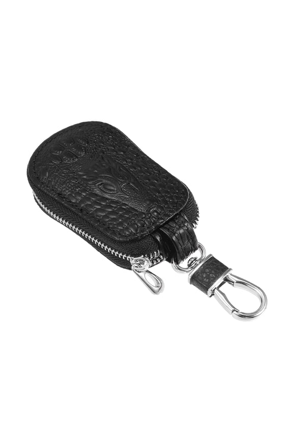 Crocodile Pattern Car Key Case Zipper Bag with Key Chain Leather Microfiber Leather Black