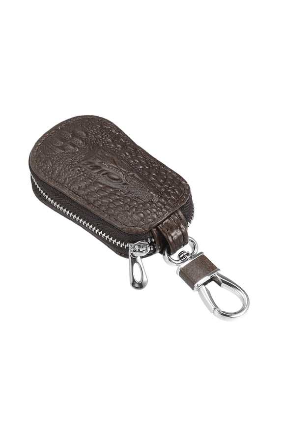 Crocodile Pattern Car Key Case Zipper Bag with Key Chain Leather Microfiber Leather Brown