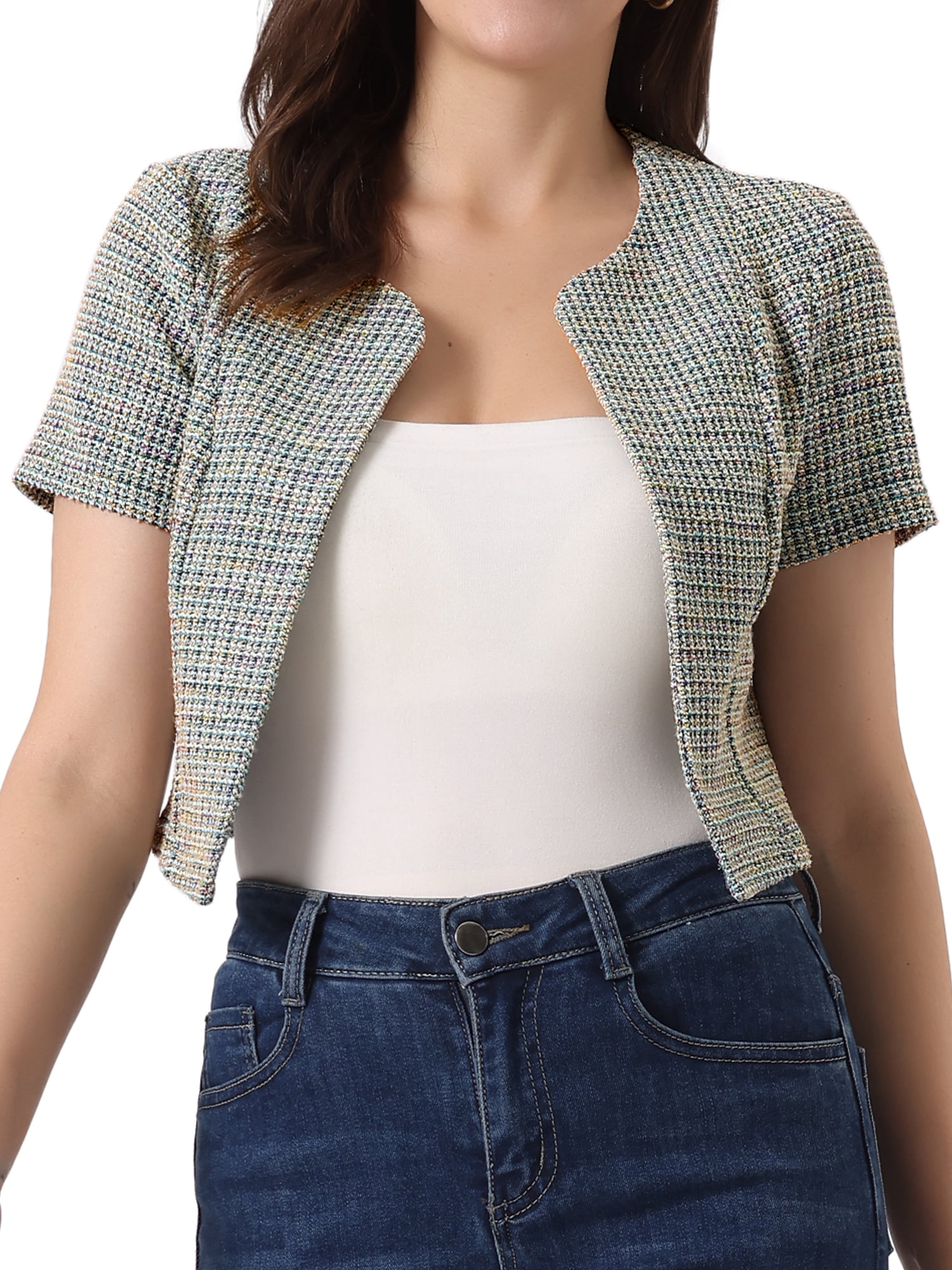 DARING DIVA Crop Tweed Cardigan Open Front Short Sleeve S Beige