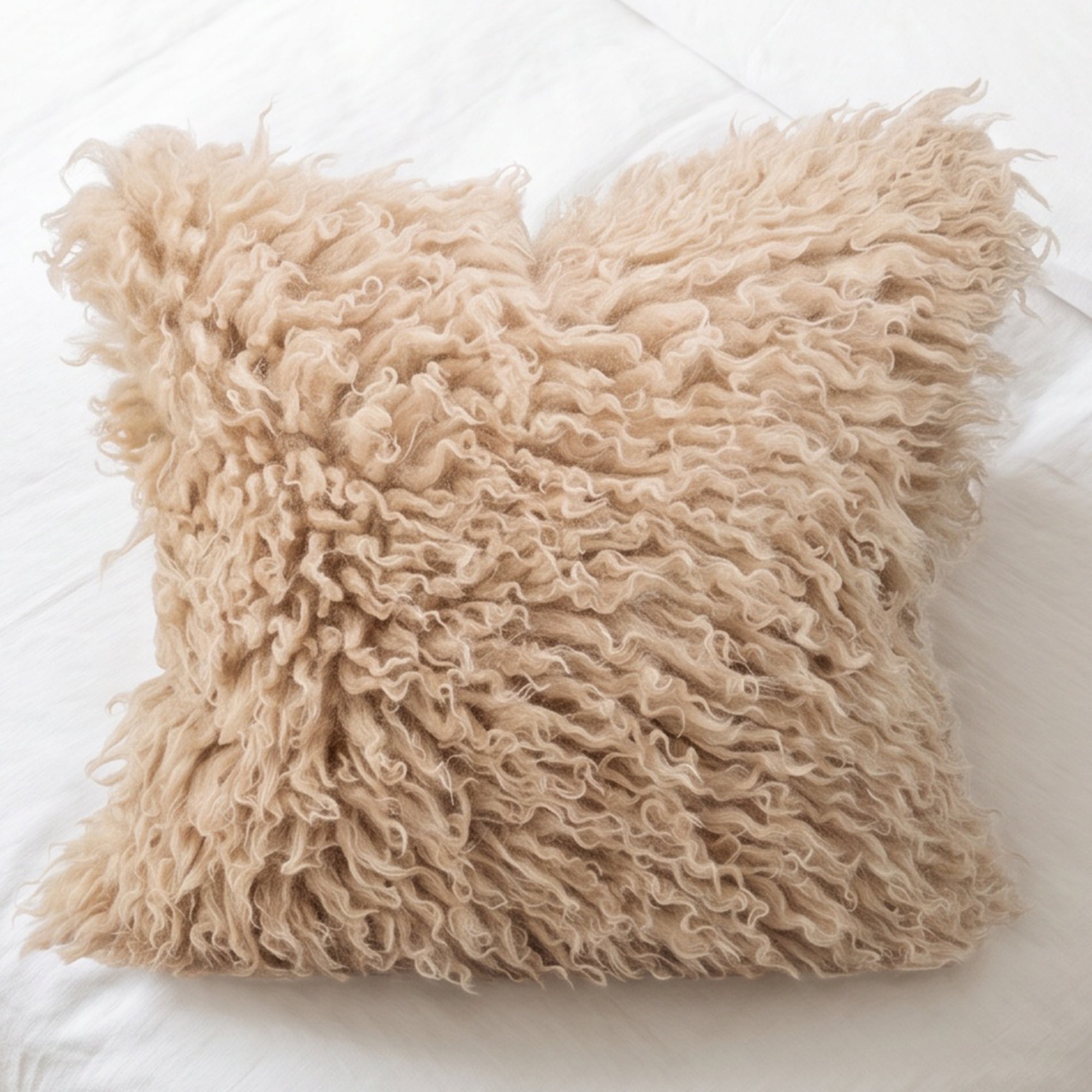 Unique Bargains Curly Faux Fur Throw Solid Pillow Cover Khaki 18"x18"