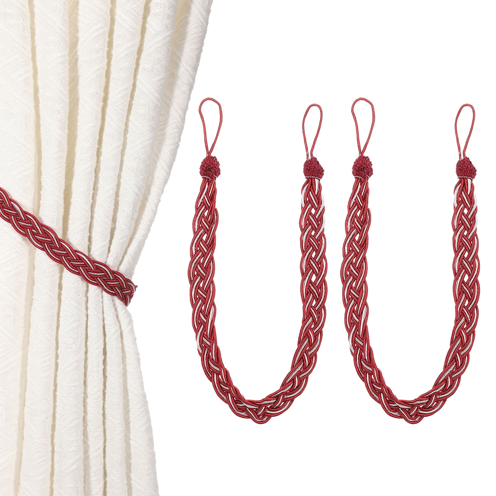 Unique Bargains Curtain Tiebacks Braided Drapery Holdback Wine Red 22" 2 Pcs