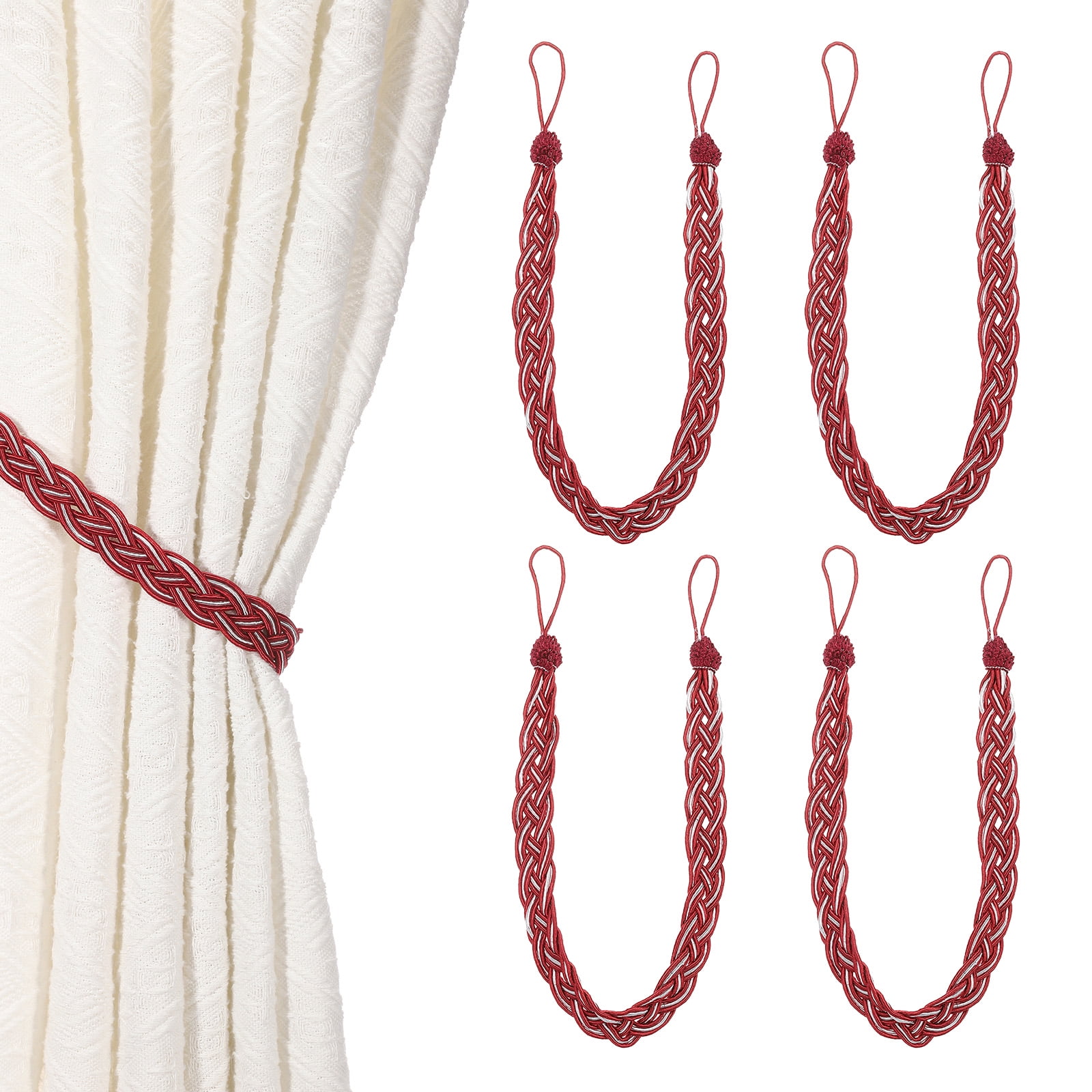 Unique Bargains Curtain Tiebacks Braided Drapery Holdback Wine Red 24" 4 Pcs