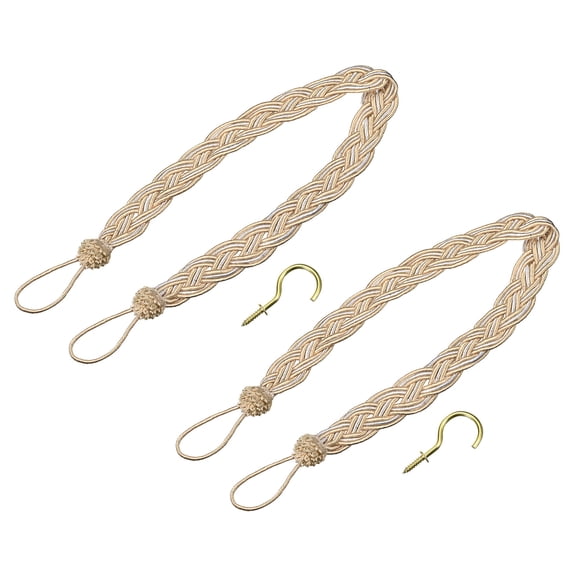 Unique Bargains Curtain Tiebacks Braided Holdback Metal Hooks Taupe/Silver 2 Pcs