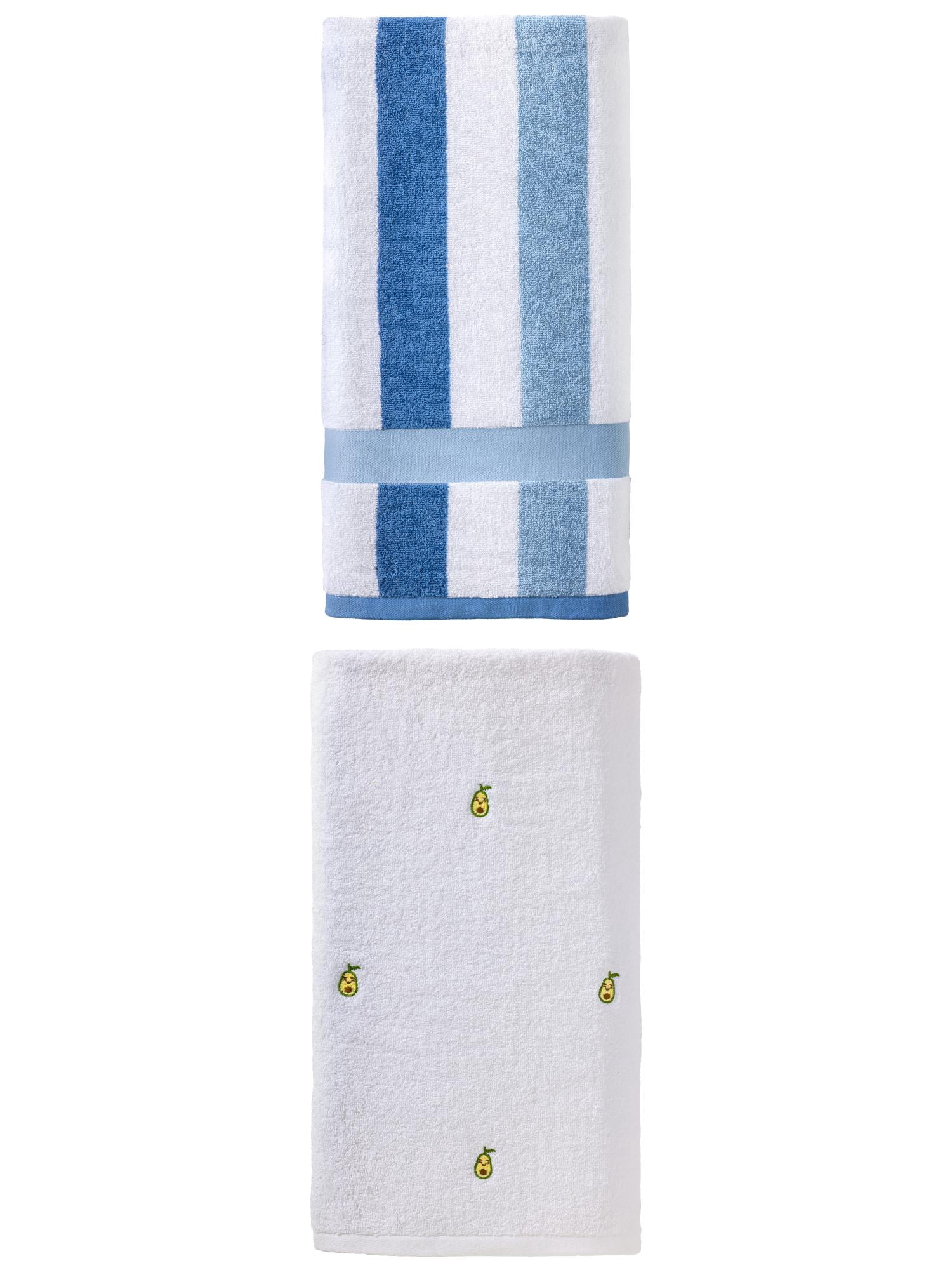 Unique Bargains Cute Bath Towel 2 Pack Avocado White/Striped Blue/White 55" x 28"