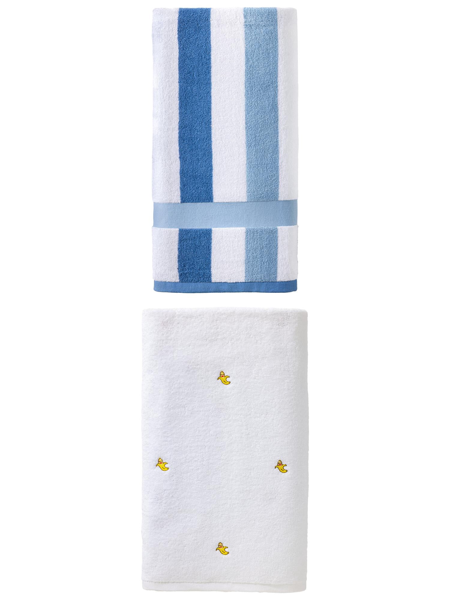 Unique Bargains Cute Bath Towel 2 Pack Banana White/Striped Blue/White 55" x 28"
