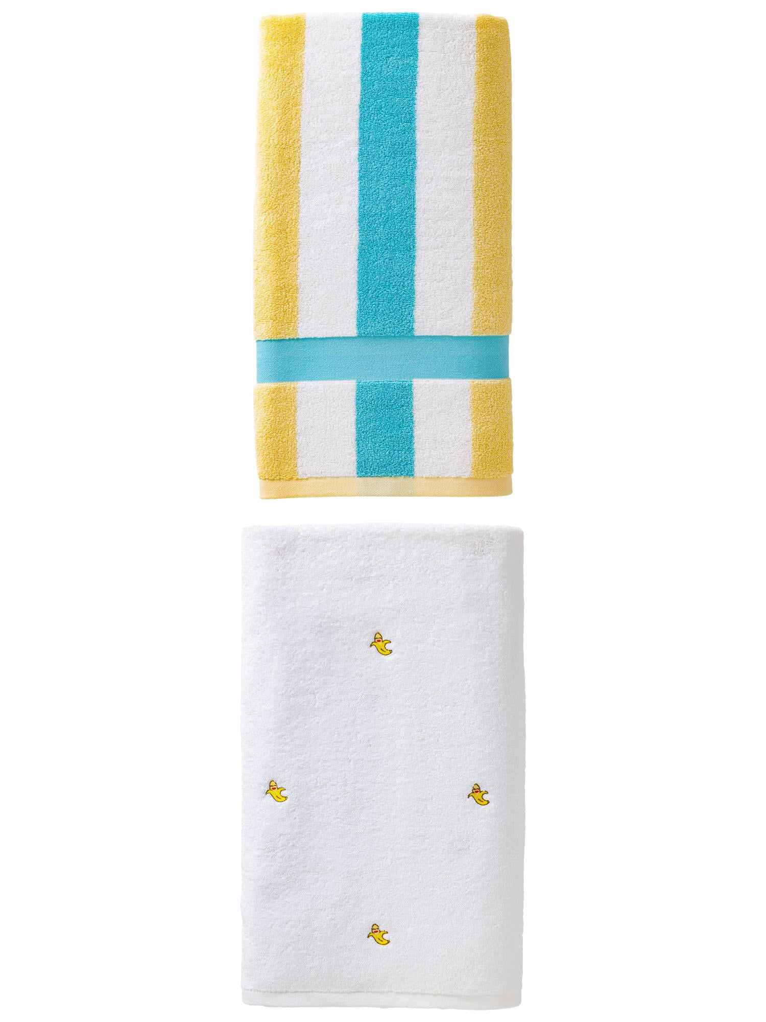 Unique Bargains Cute Bath Towel 2 Pack Banana White/Yellow Blue Stripes 55" x 28"