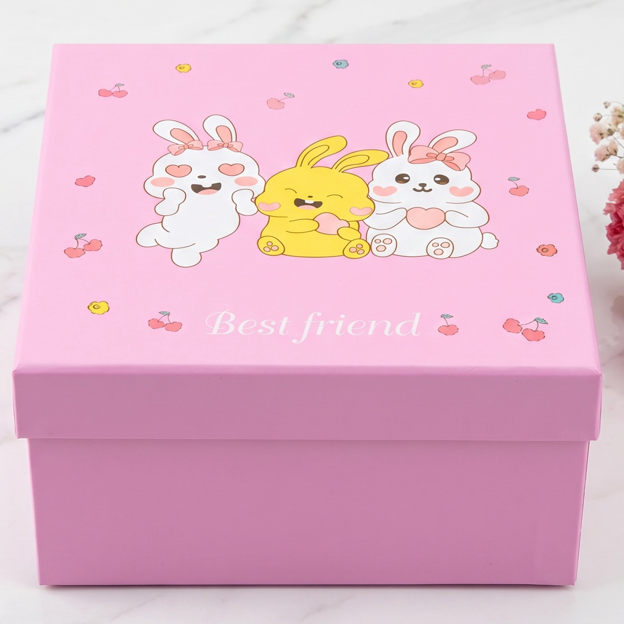 Unique Bargains Cute Cartoon Present Gift Box with Lids Pink 7.9"x7.9"x3.9"