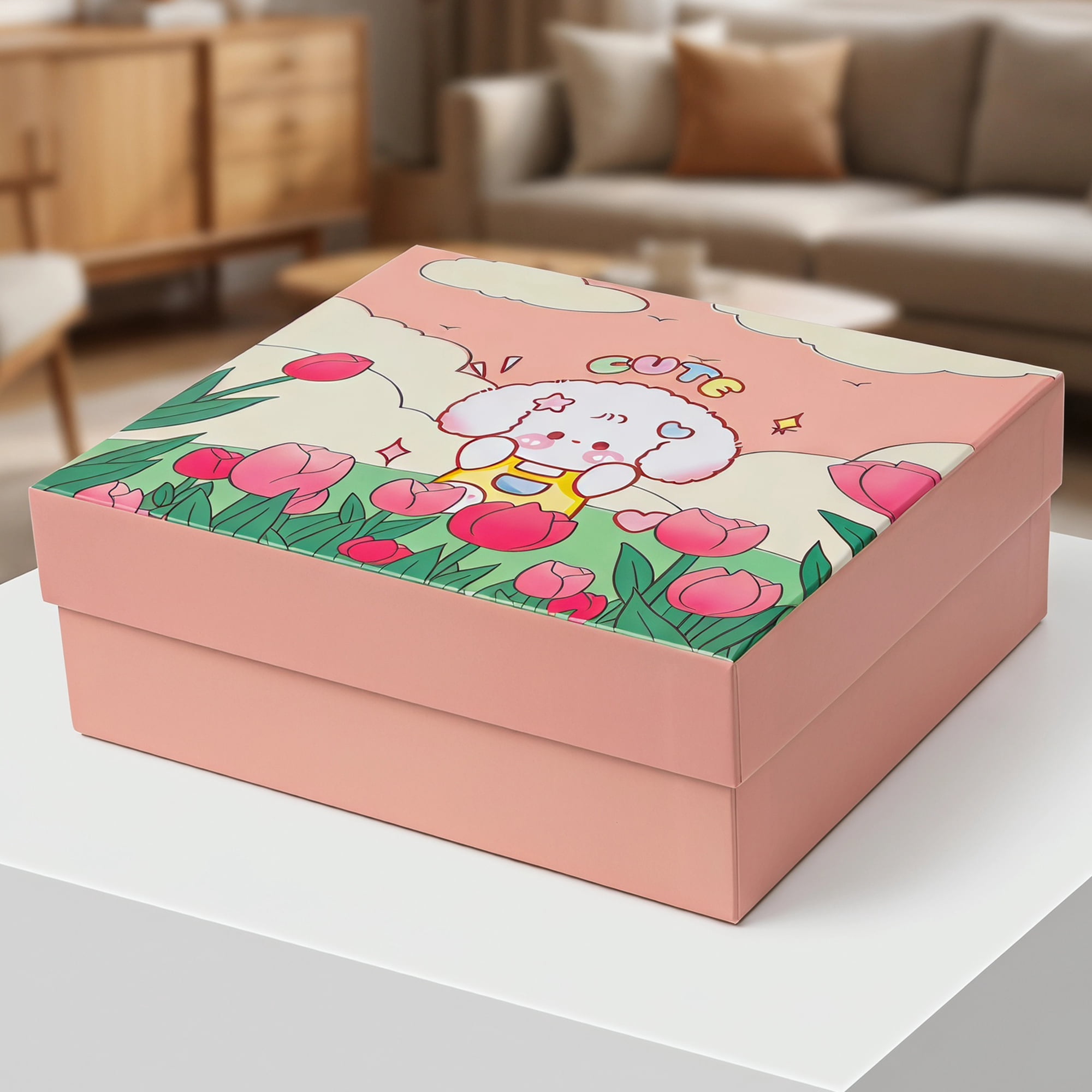 Unique Bargains Cute Cartoon Rigid Present Box Pink 10"x8.1"x3.9"