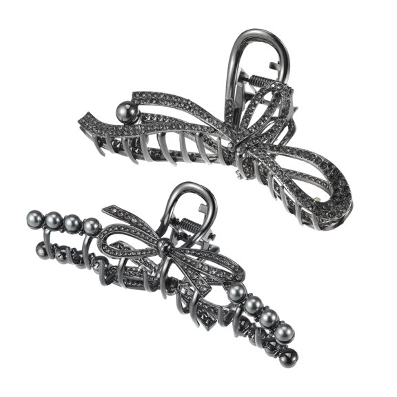 NOMADIC NOOK Cute Faux Pearl Bow Hair Clips and Pins 2 Pcs Titanium Tone