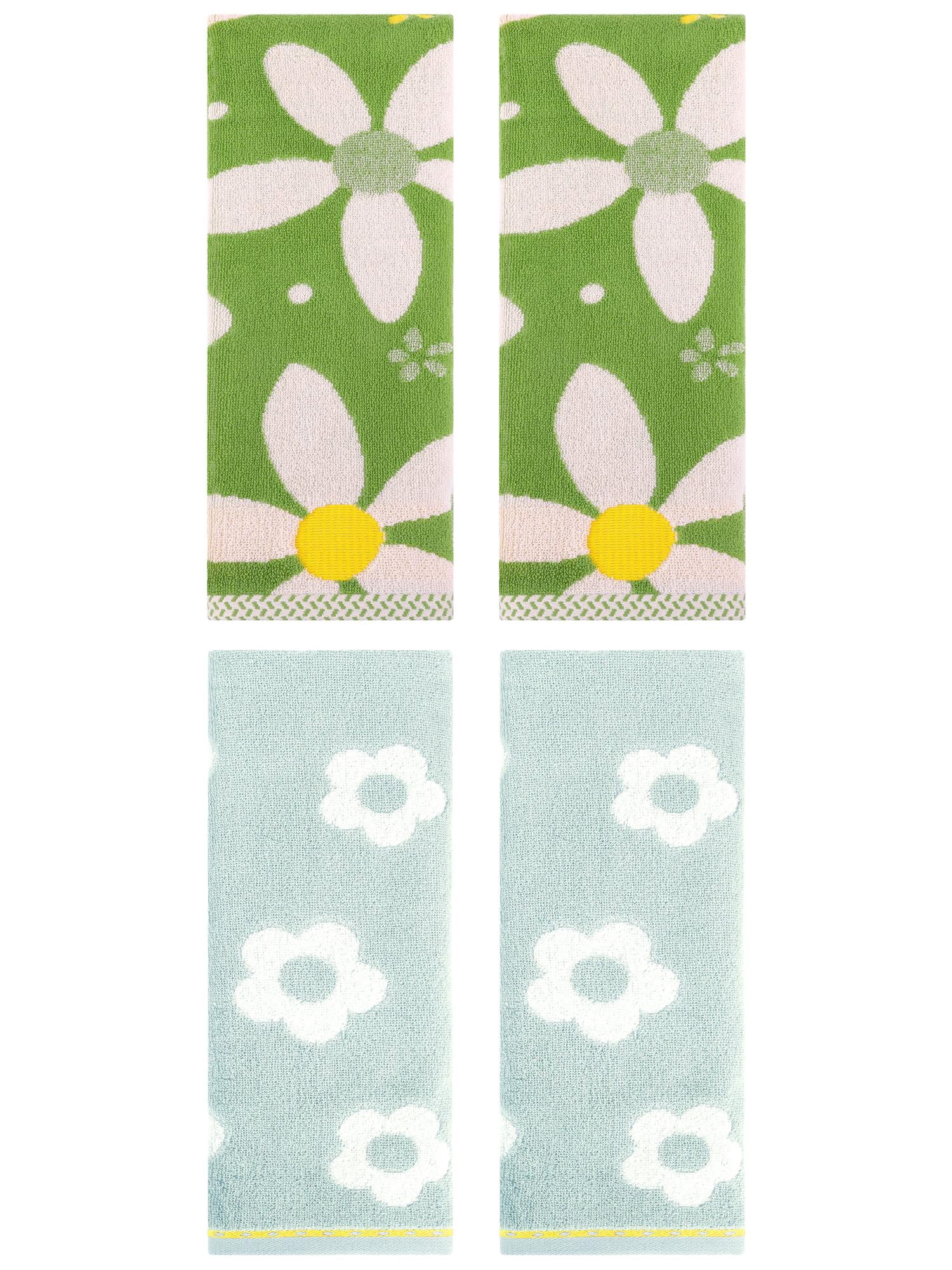 Unique Bargains Cute Floral Cotton Hand Towel 4 Pcs Green 14" x 30"/13" x 29"