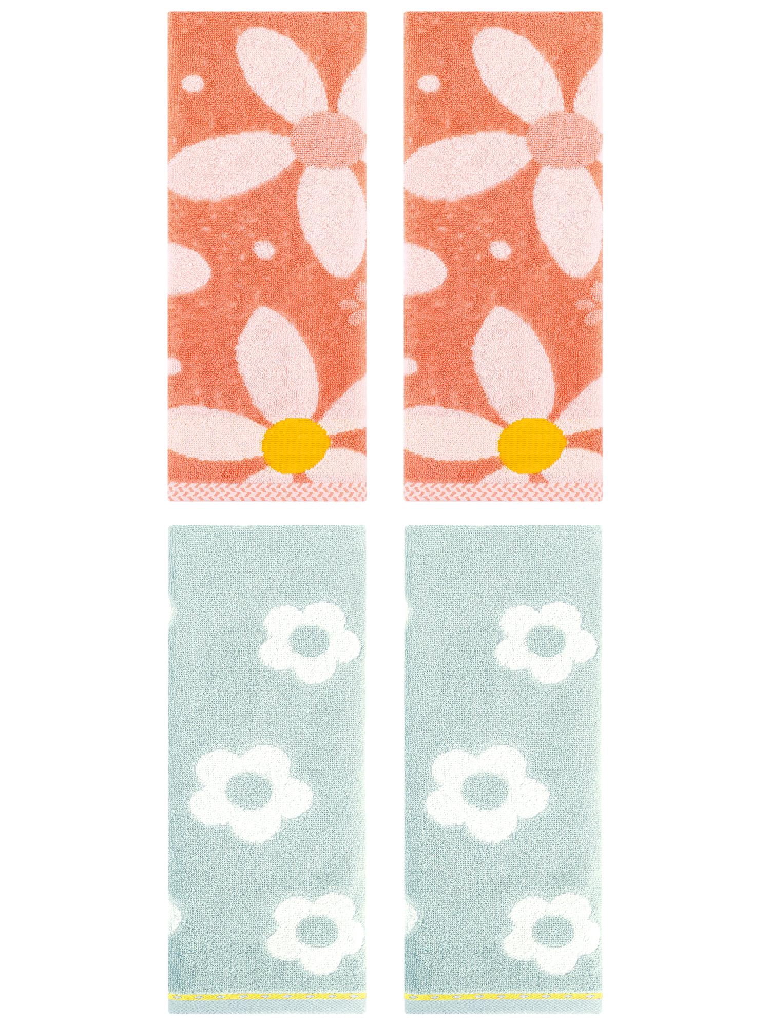 Unique Bargains Cute Floral Cotton Hand Towel 4 Pcs Green/Orange 14" x 30"/13" x 29"