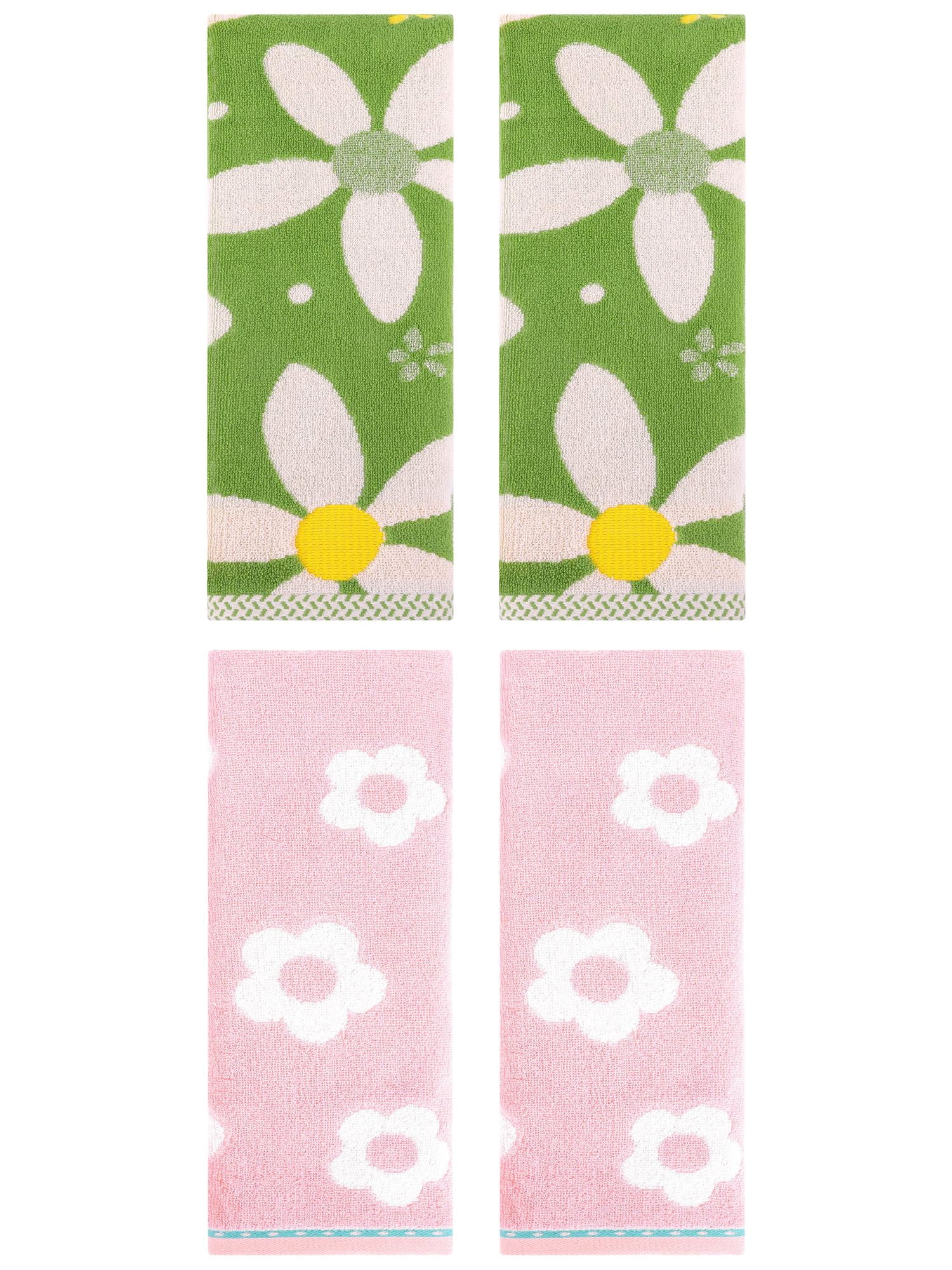 Unique Bargains Cute Floral Cotton Hand Towel 4 Pcs Pink/Green 14" x 30"/13" x 29"