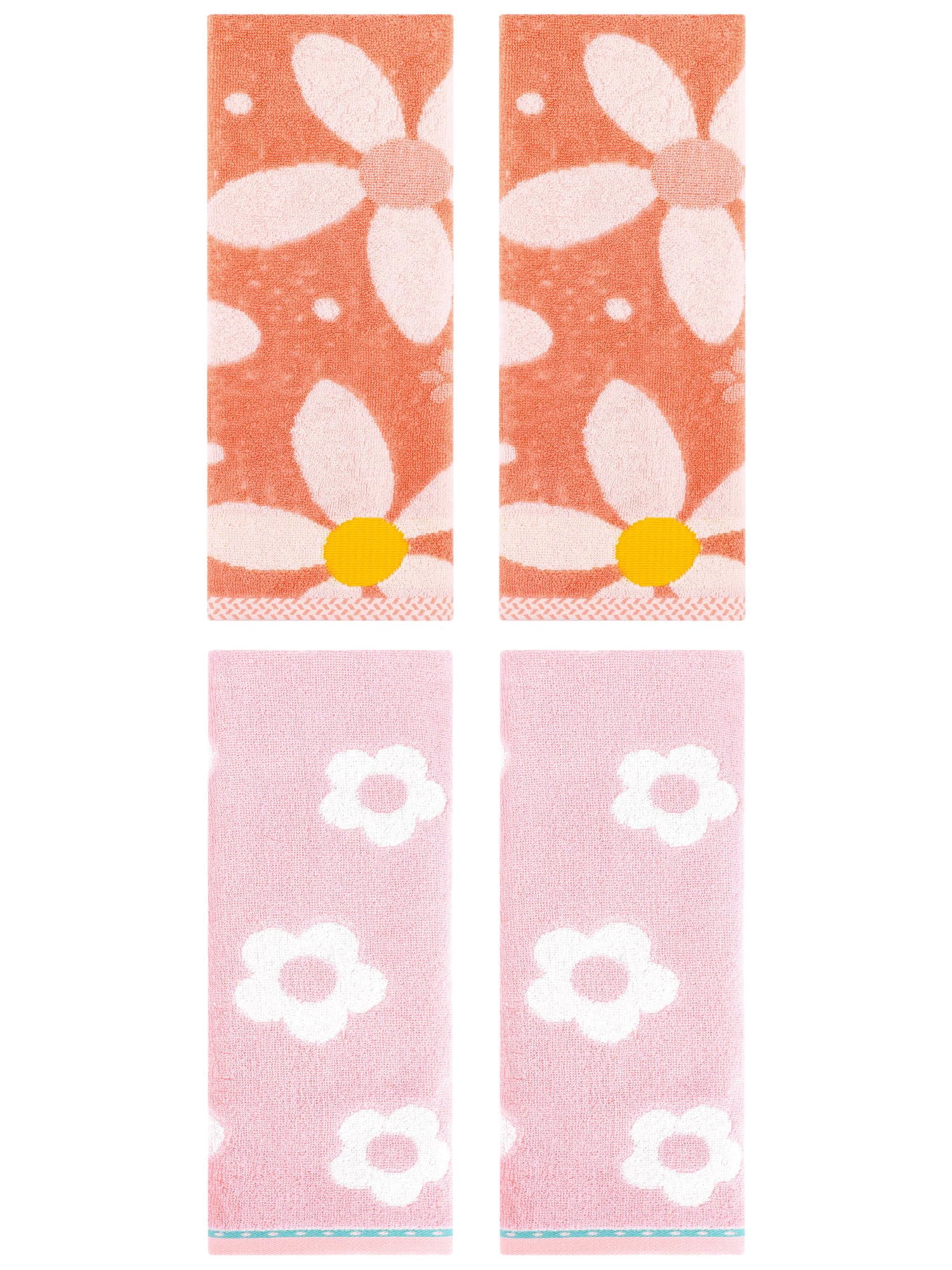 Unique Bargains Cute Floral Cotton Hand Towel 4 Pcs Pink/Orange 14" x 30"/13" x 29"