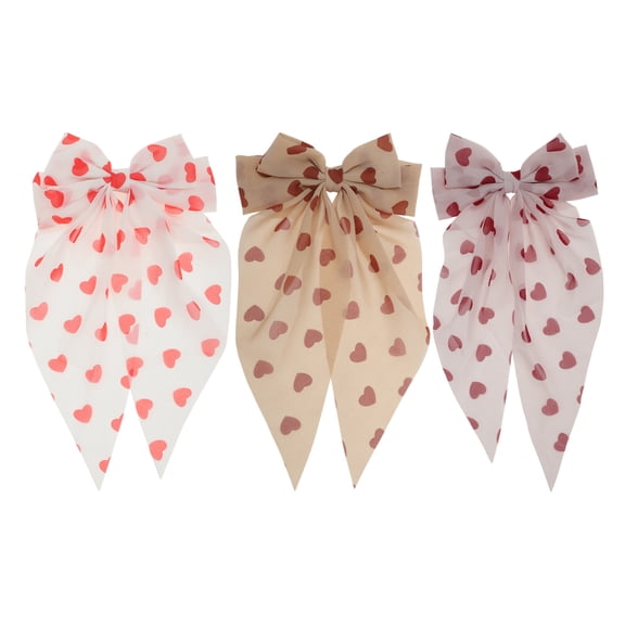 Unique Bargains Cute Heart Shaped Printed Bow Ribbon Spring Hair Clips Dark Red White Pink 3 Pcs