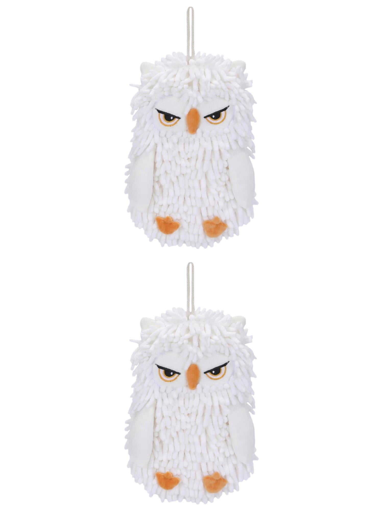 Unique Bargains Cute Owl Shaped Soft Chenille Hanging Hand Towels White 11" x 9"