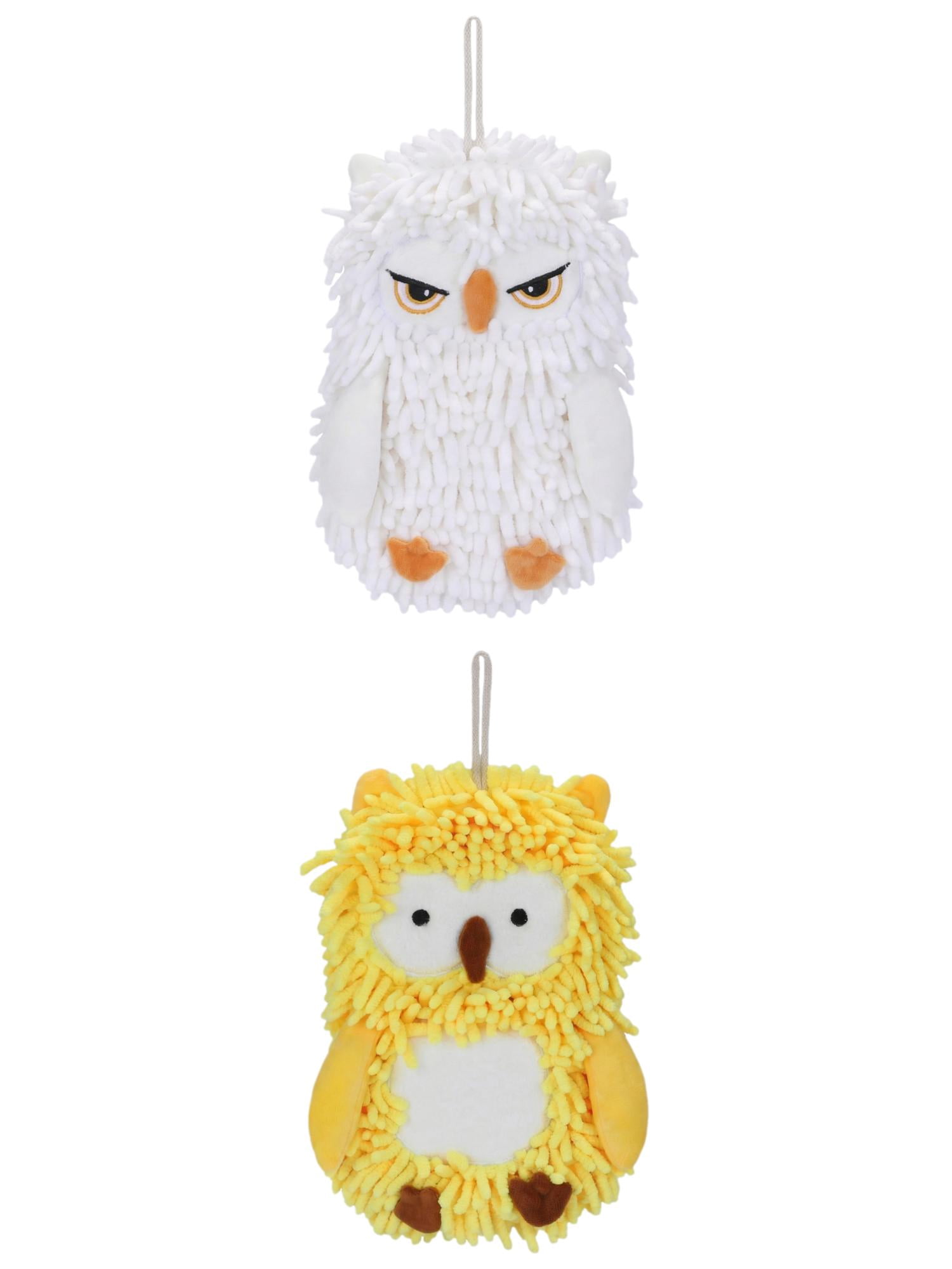 Unique Bargains Cute Owl Shaped Soft Chenille Hanging Hand Towels Yellow/White 11" x 9"