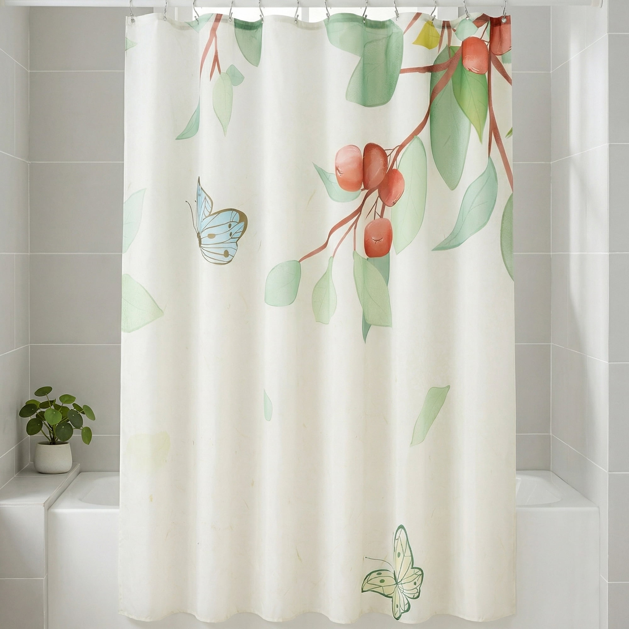Unique Bargains Cute Print Shower Curtain Sets with Hooks Green Leaves 71"W x 71"L