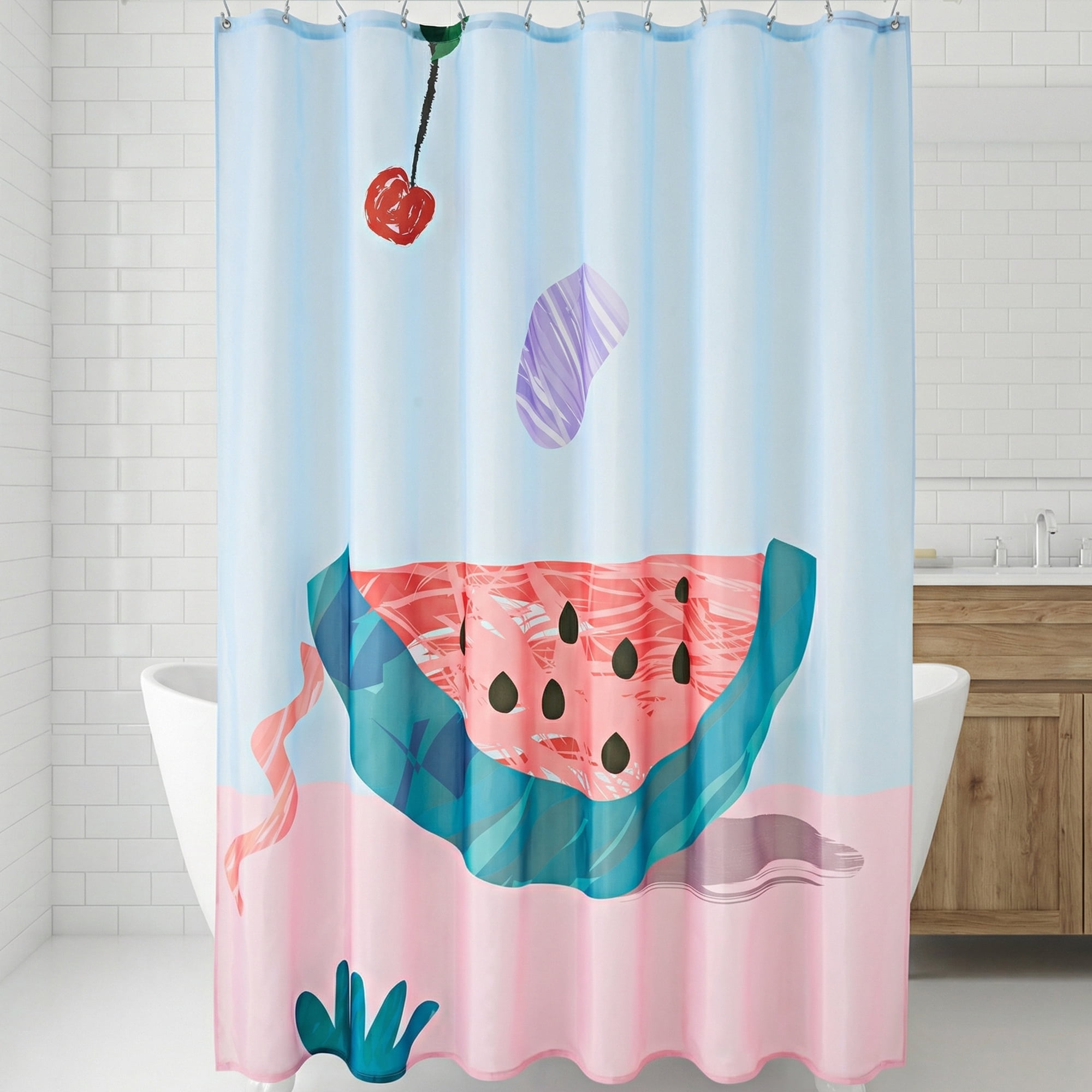 Unique Bargains Cute Print Shower Curtain Sets with Hooks Pink Watermelon 71"W x 71"L