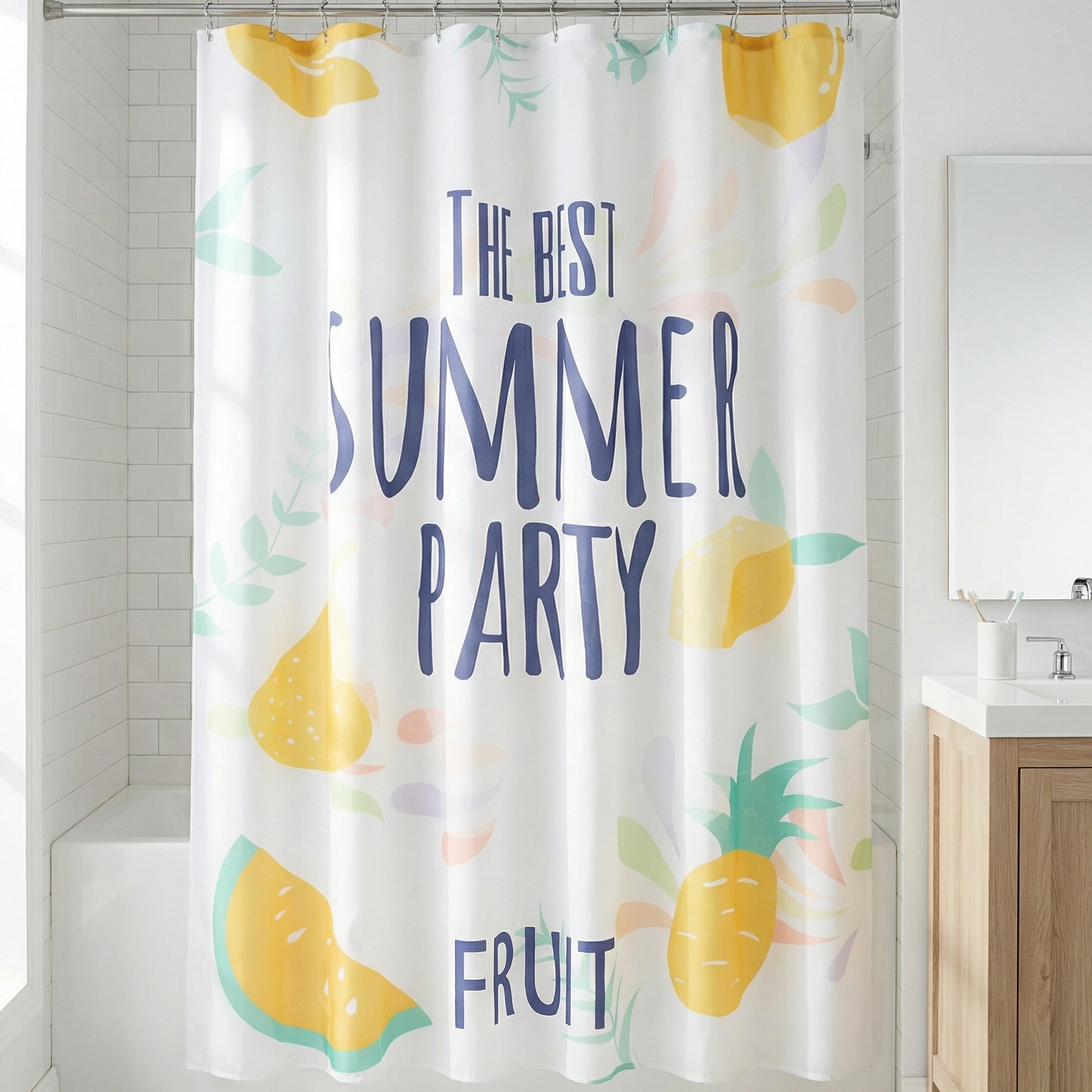 Unique Bargains Cute Print Shower Curtain Sets with Hooks Yellow Fruit 71"W x 71"L