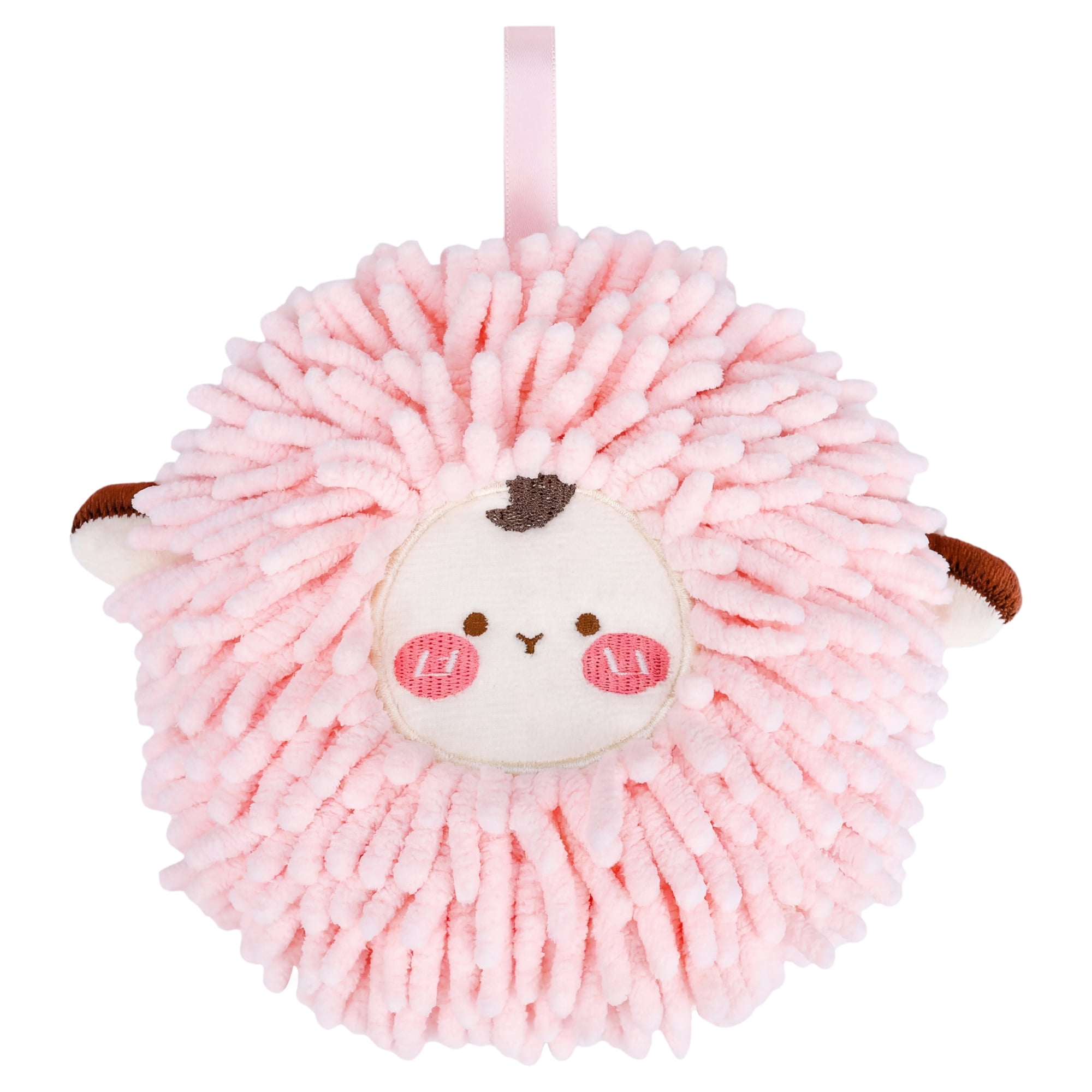 Unique Bargains Cute Sheep Animal Chenille Soft Hanging Hand Towel Pink 6" x 6"