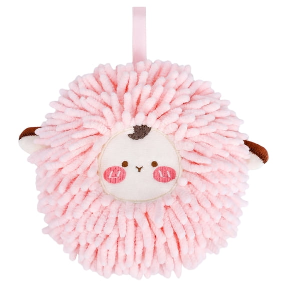 Unique Bargains Cute Sheep Animal Chenille Soft Hanging Hand Towel Pink 6" x 6"