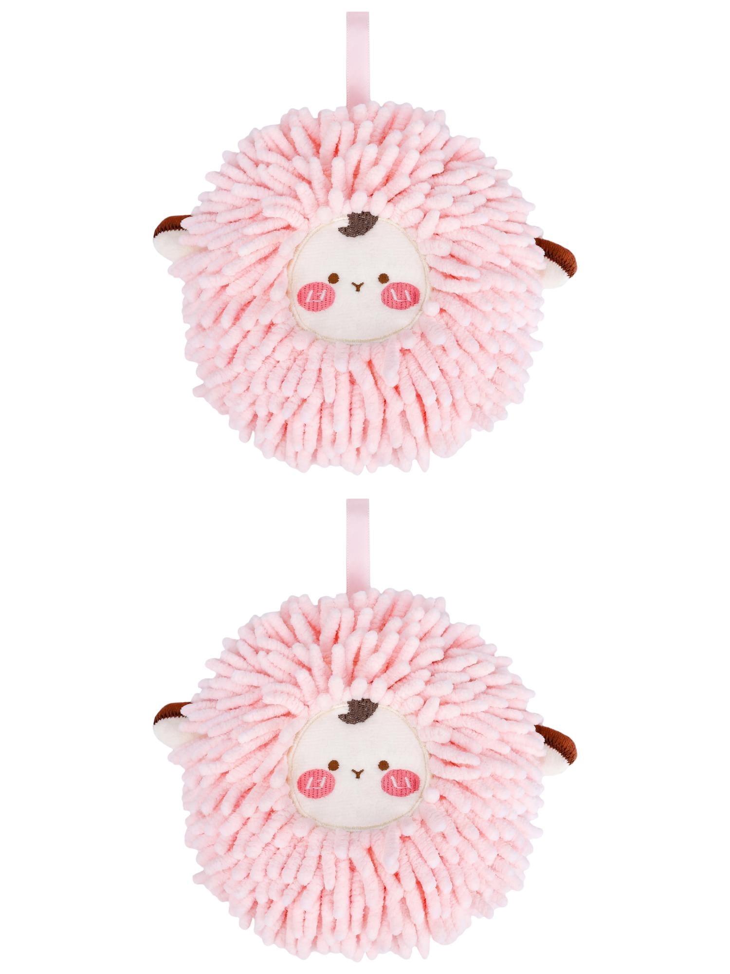 Unique Bargains Cute Sheep Chenille Hanging Hand Towel for Bathroom Pink 6" x 6"