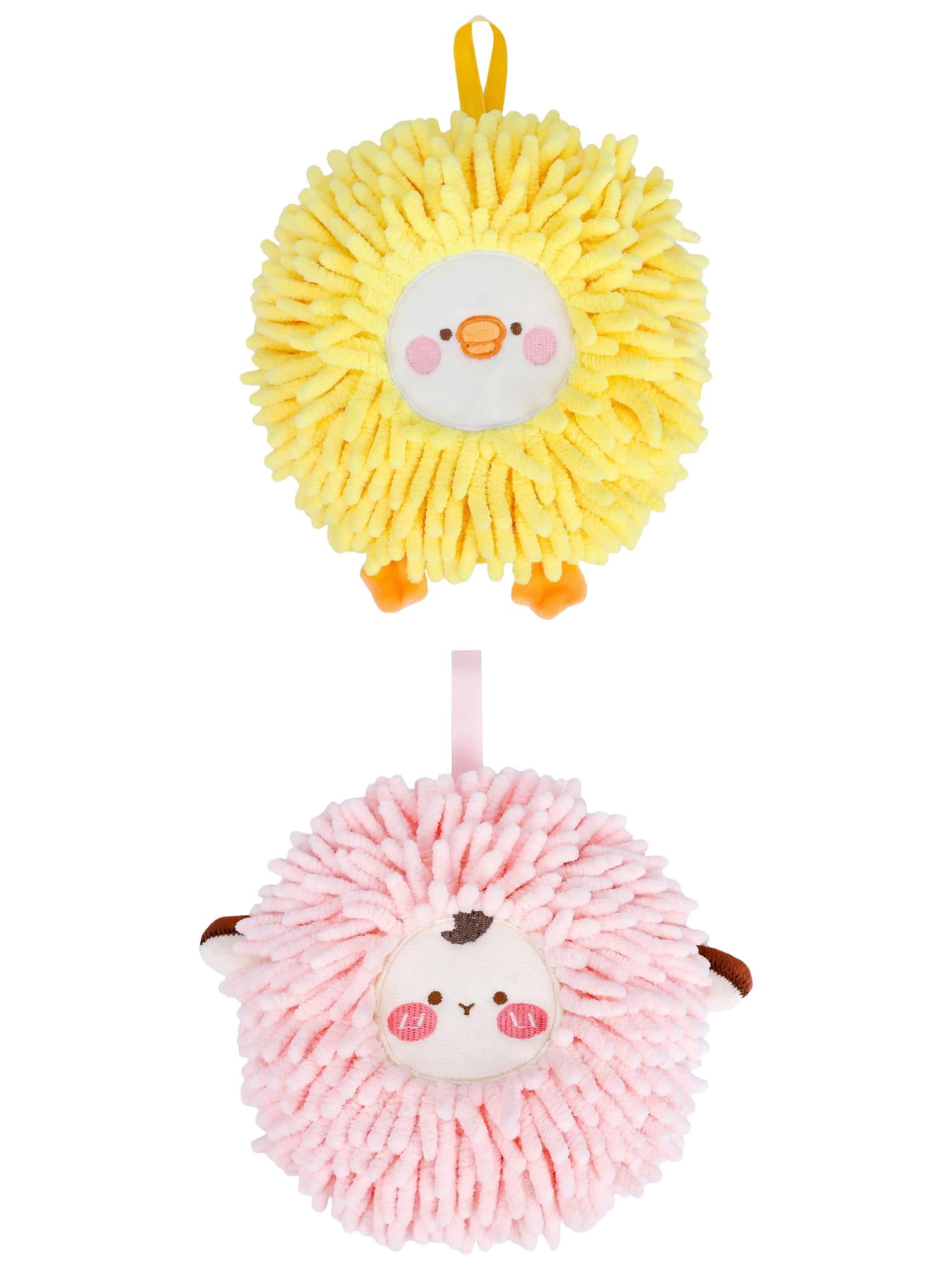Unique Bargains Cute Sheep Chenille Hanging Hand Towel for Bathroom Pink/Yellow 6" x 6"