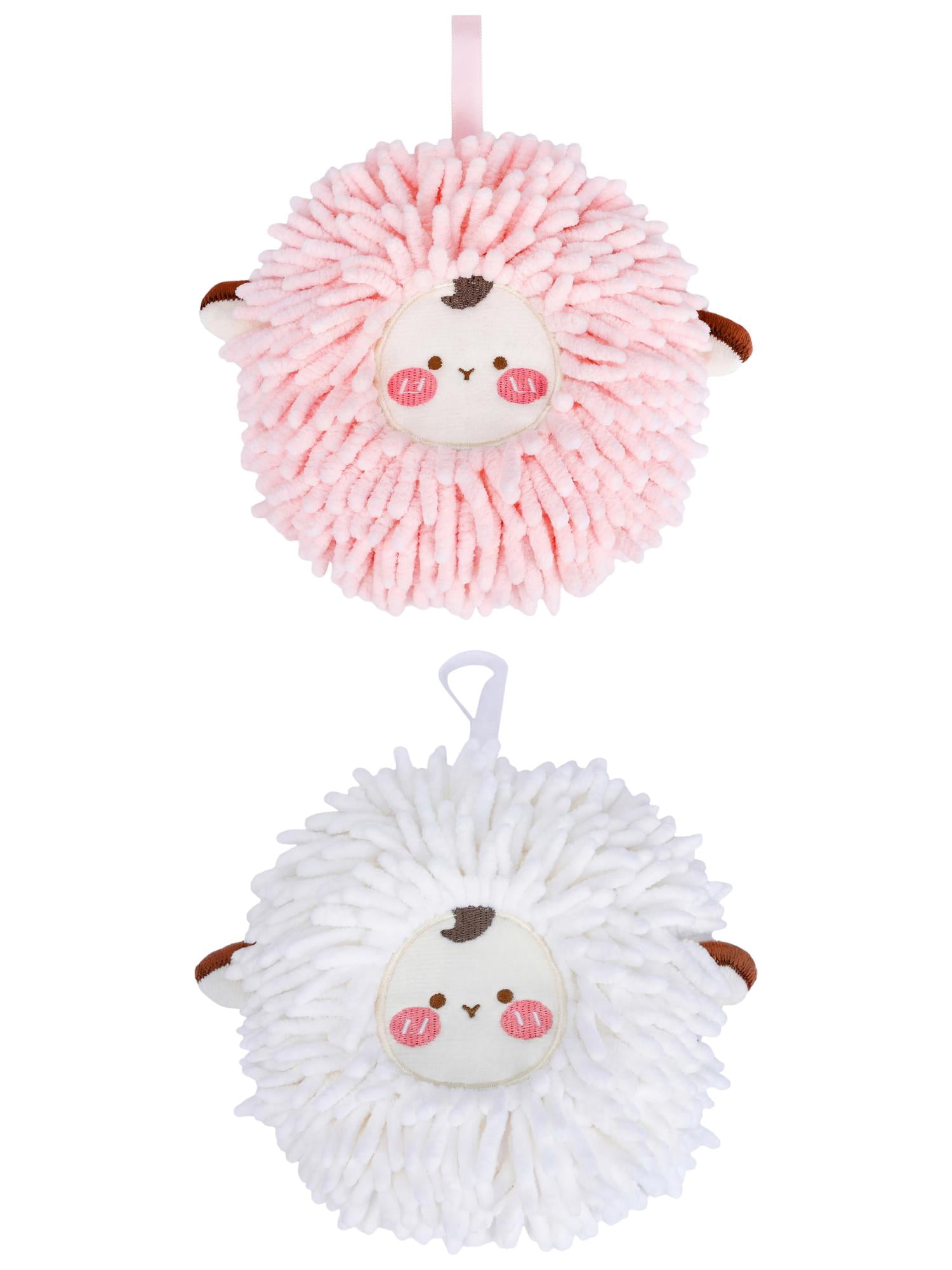 Unique Bargains Cute Sheep Chenille Hanging Hand Towel for Bathroom White/Pink 6" x 6"
