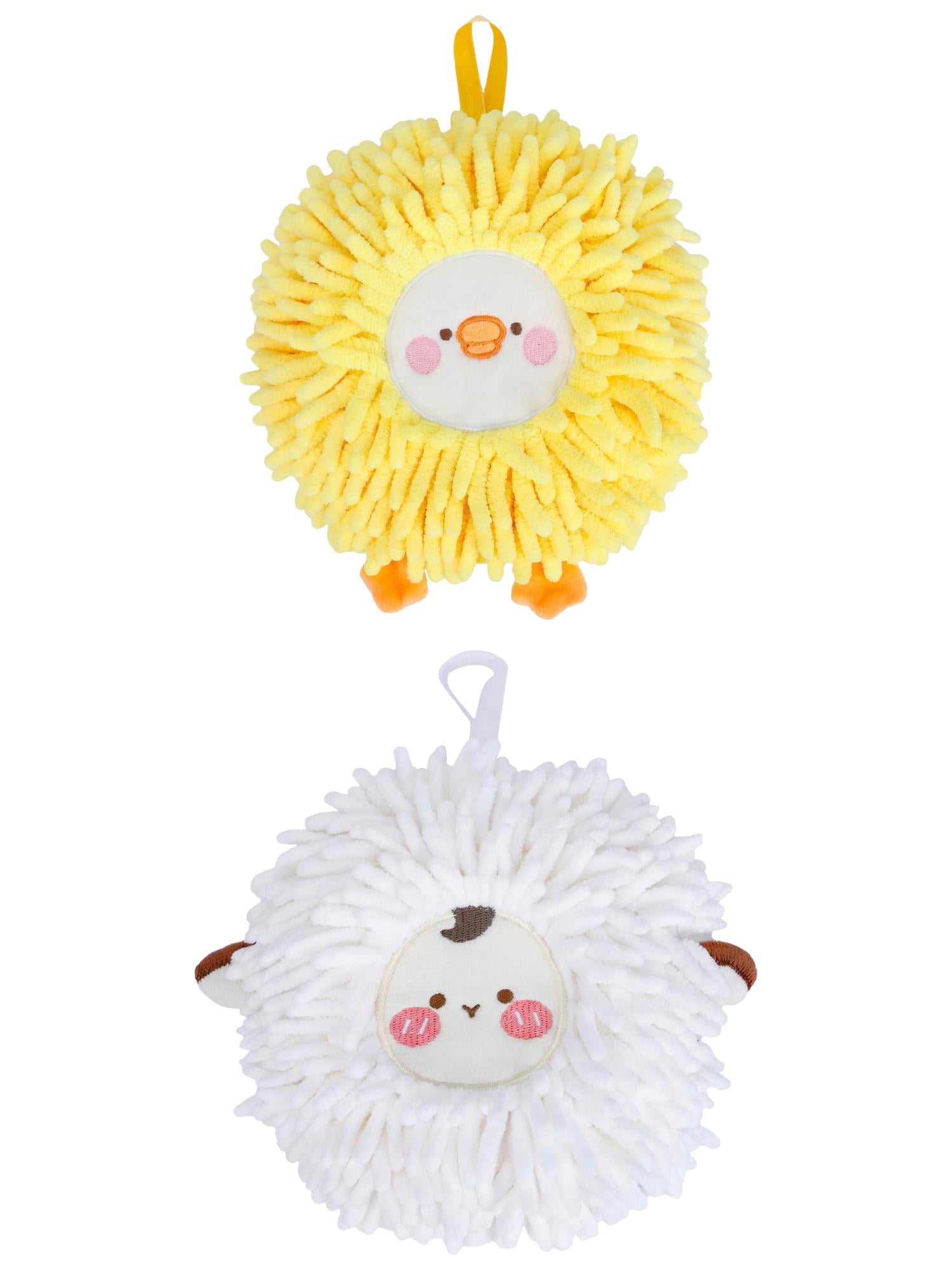 Unique Bargains Cute Sheep Chenille Hanging Hand Towel for Bathroom White/Yellow 6" x 6"