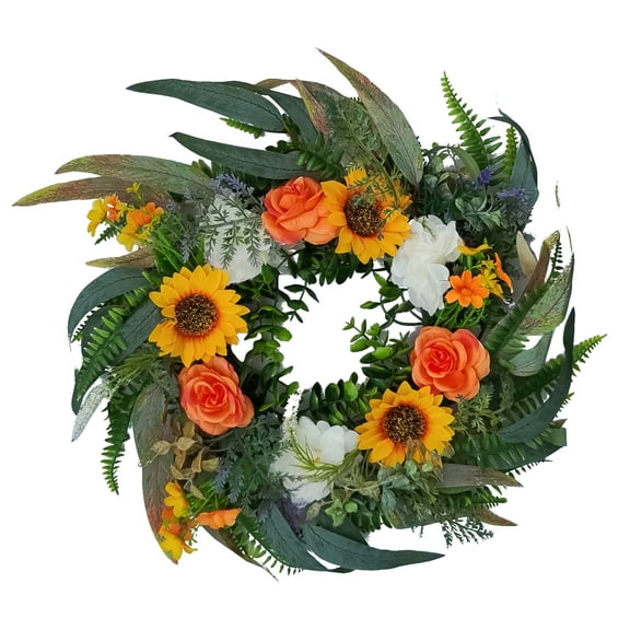 Unique Bargains Decor Wreath for Front Door Sunflower Peony Eucalyptus Wreaths Orange