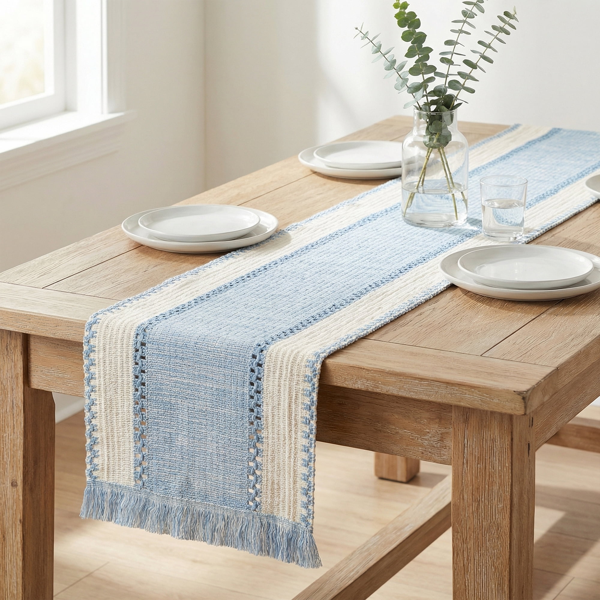 Unique Bargains Decorations Long Kitchen Runner with Tassel Light Blue 11.8x70.9in