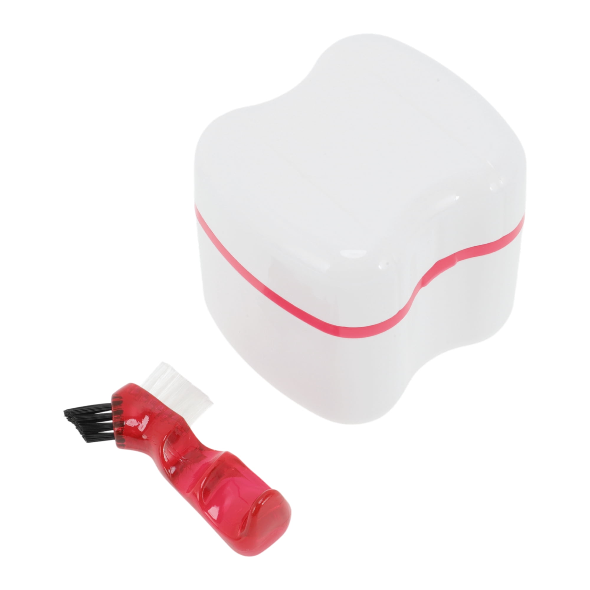 Unique Bargains Denture Bath Case Cup with Denture Cleaner Brush 1 Set Red