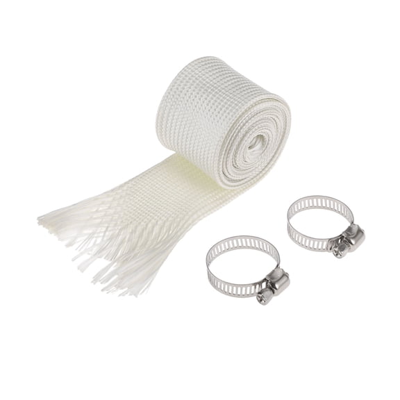 Unique Bargains Exhaust Heat Wrap 9.8 ft x 1 Fiberglass Heat Shield Tape for Motorcycle Exhaust Pipe Protection with 2 Stainless Steel Clamps of 3cm Diameter White