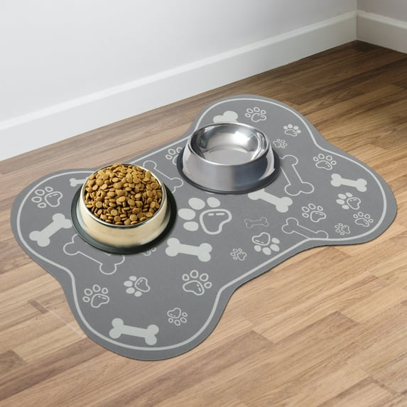 Unique Bargains Dog Food Mat Super-Absorbent Pet Feeding Mat Dog Mat for Food and Water Bone Shaped Dog Placemat Water Bowl Mat with Non-slip Backing Gray