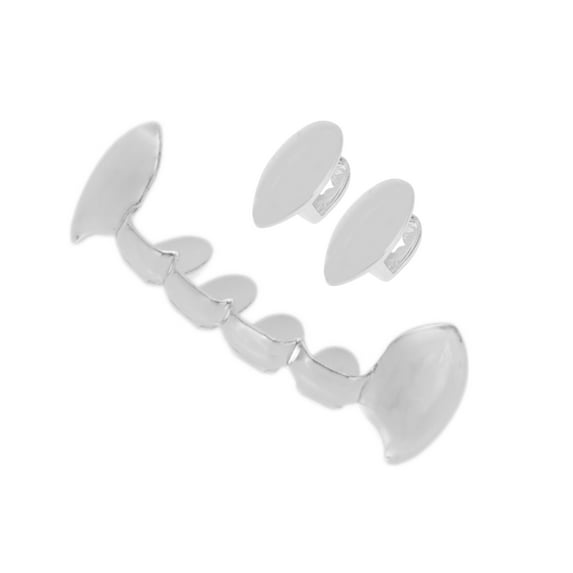 Unique Bargains Double Fangs Fake Teeth Grills 2 Set Silver Tone