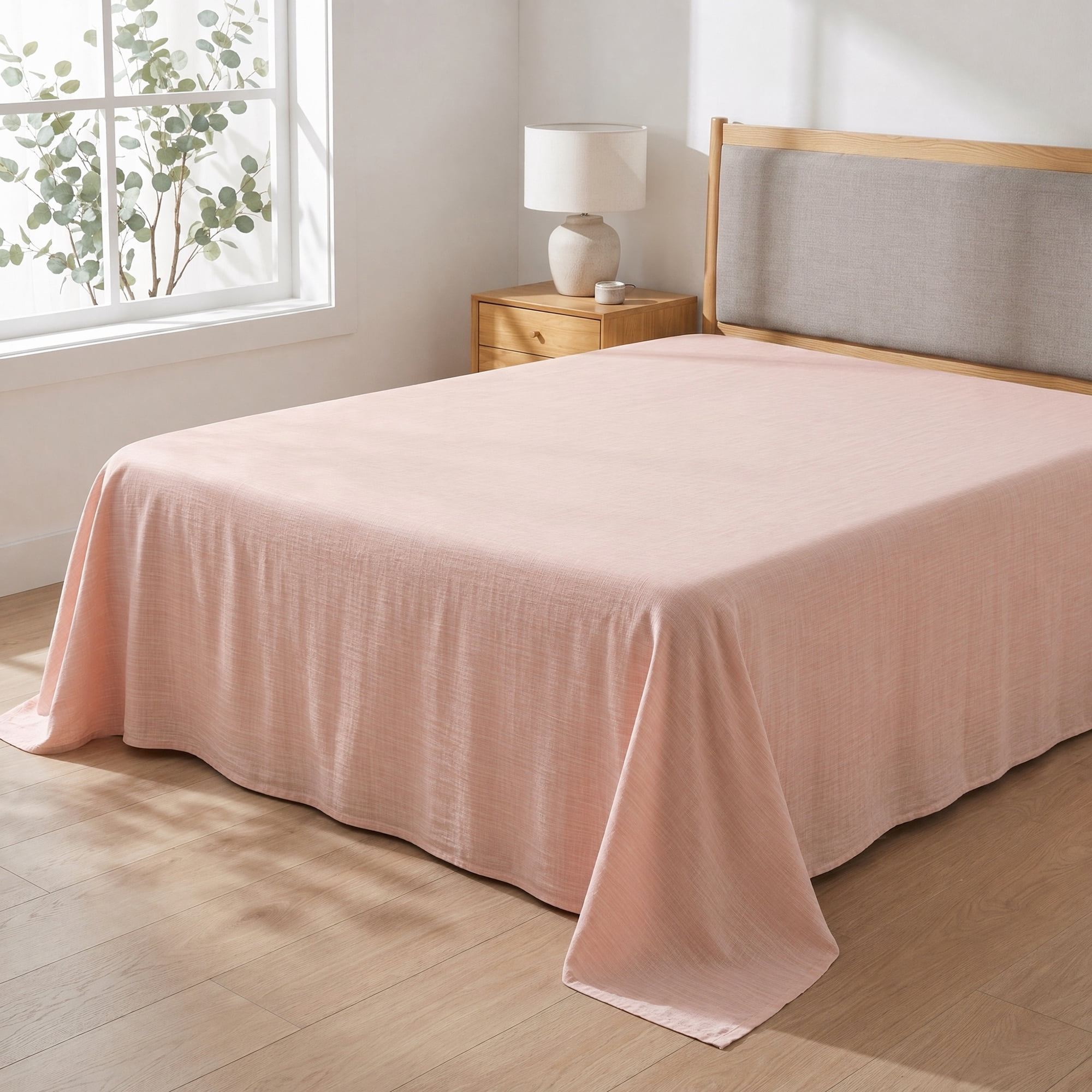 Unique Bargains Double Gauze Bed Sheet Flat Sheet Wrinkle Textured Bedding Light Pink 91"x96"