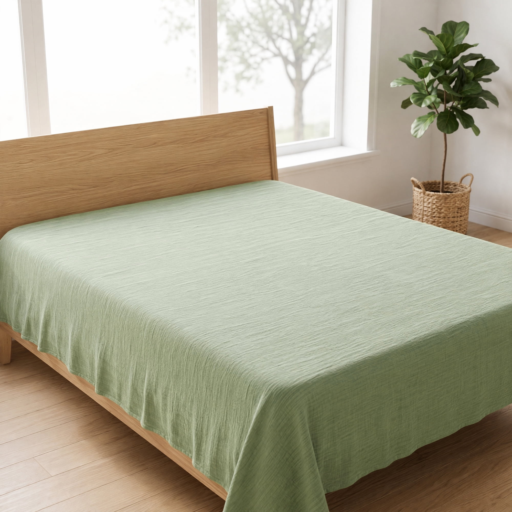 Unique Bargains Double Gauze Bed Sheet Flat Sheet Wrinkle Textured Bedding Mint Green 79"x91"