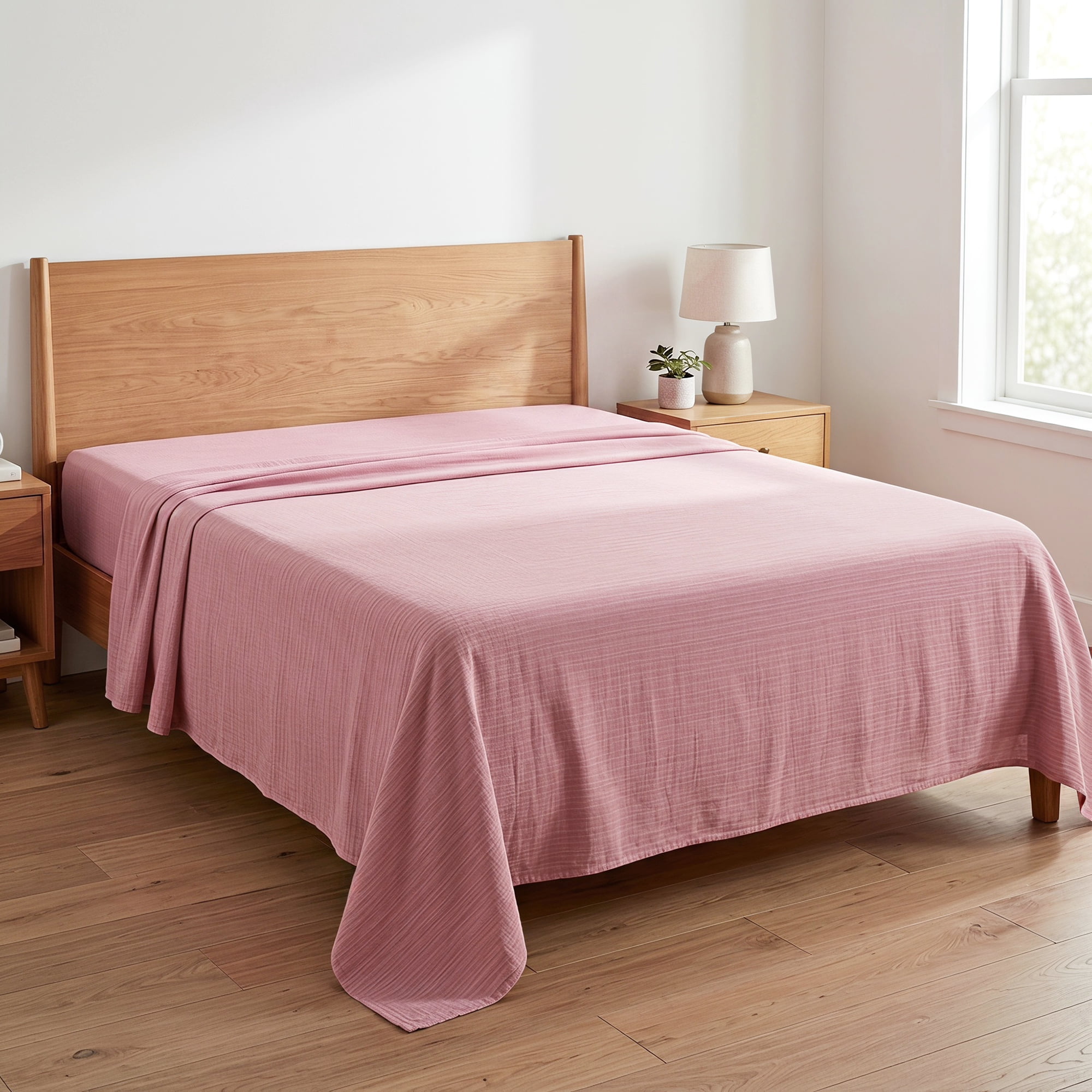 Unique Bargains Double Gauze Bed Sheet Flat Sheet Wrinkle Textured Bedding Pink 63"x91"