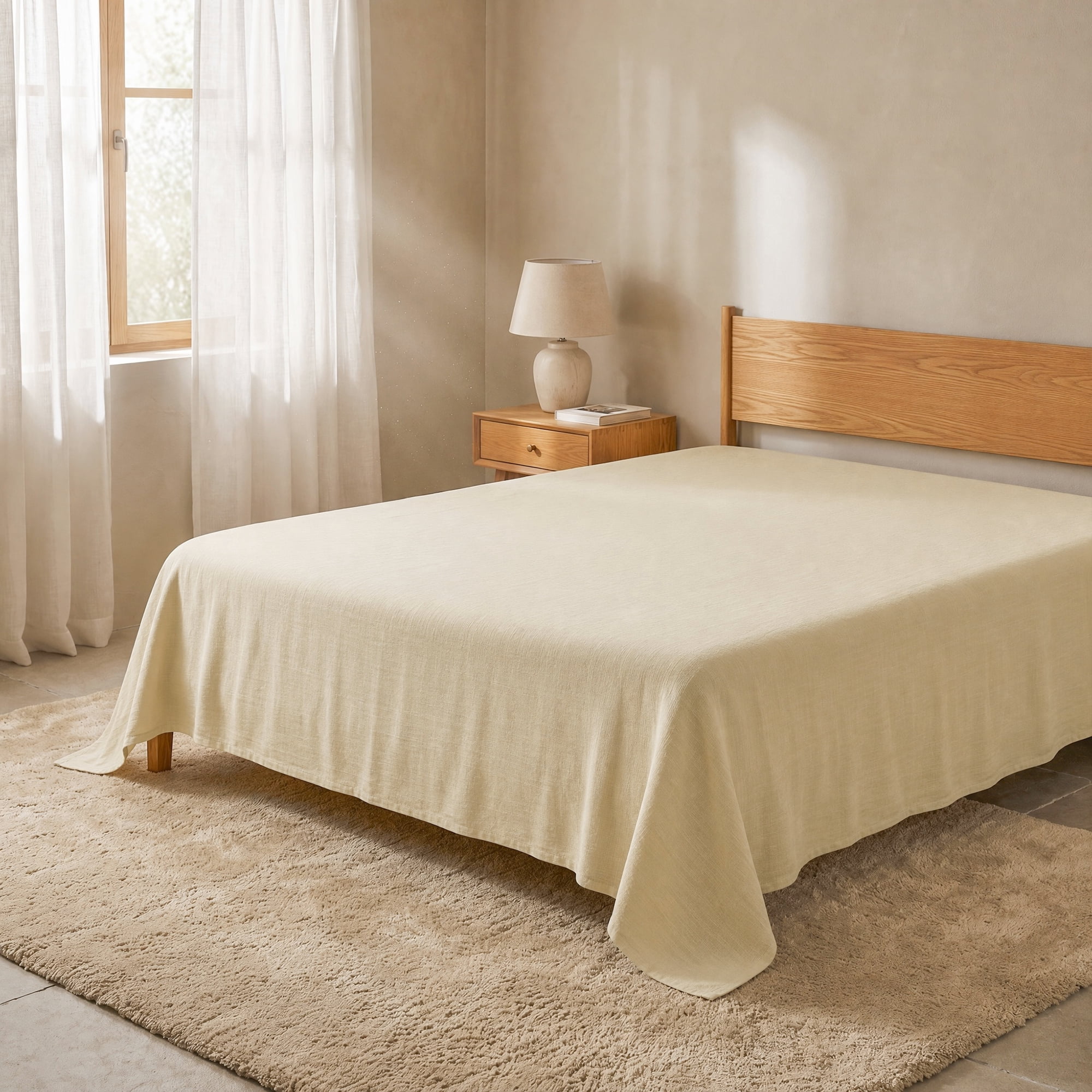 Unique Bargains Double Gauze Bed Sheet Flat Sheet Wrinkle Textured Bedding Yellow 79"x91"