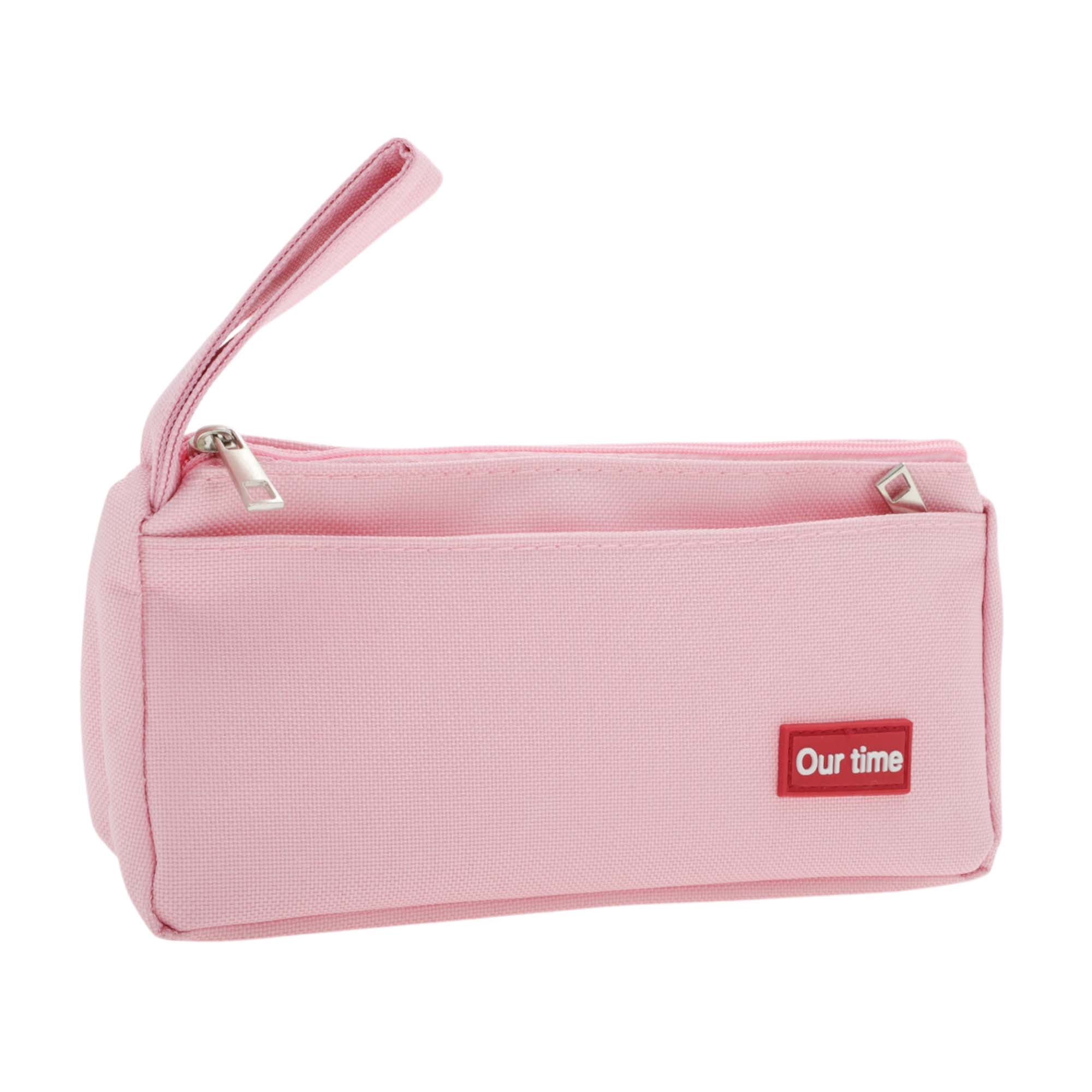 Unique Bargains Double-Layer Pen Pouch, Portable Stationery Bag for Organizer Pink