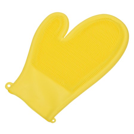 Unique Bargains Double Sided Brush Silicone Cleaning Dishwashing Gloves with Scrubber, Yellow