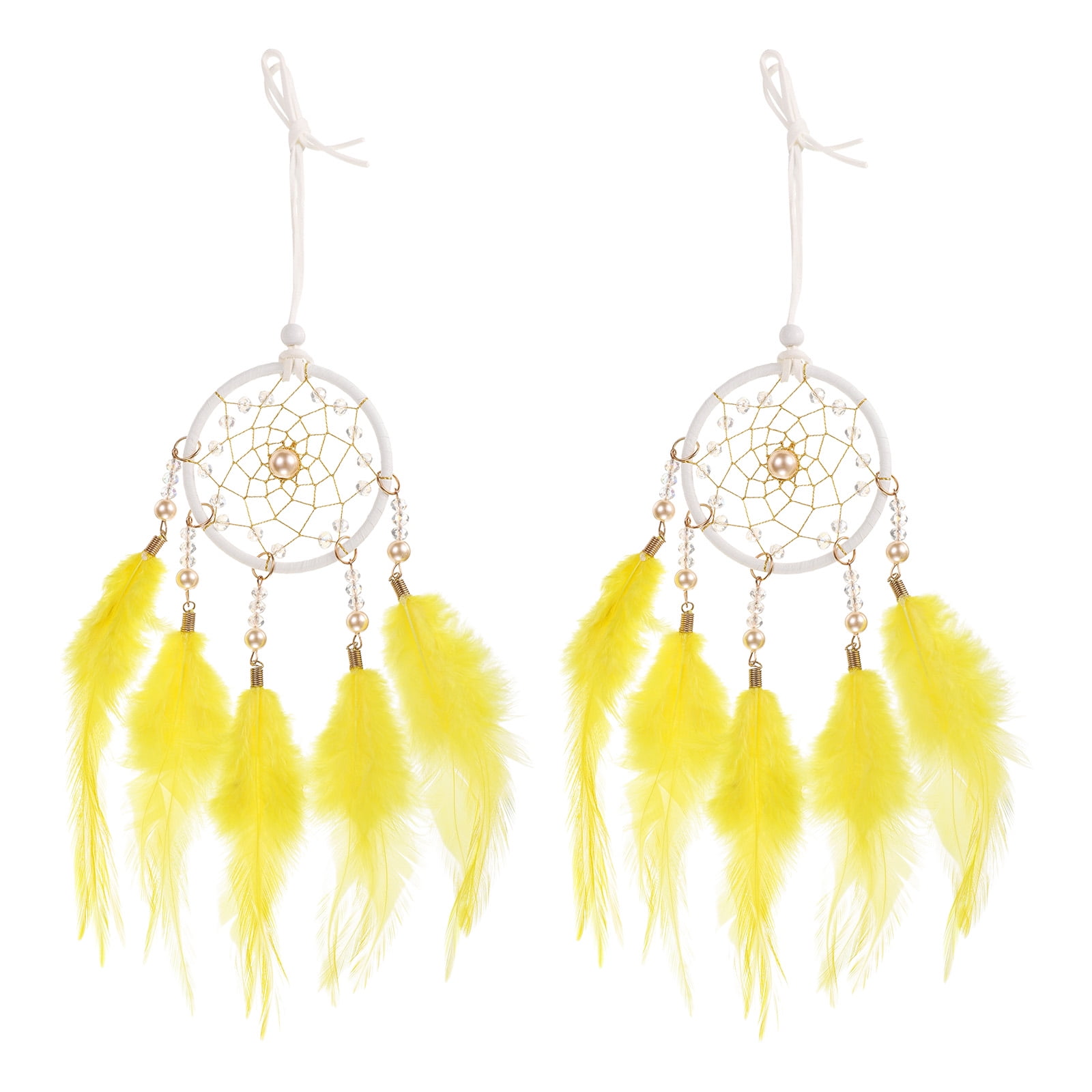 Unique Bargains Dream Catchers Handmade Feather Dreamcatcher with Crystal Beads Yellow