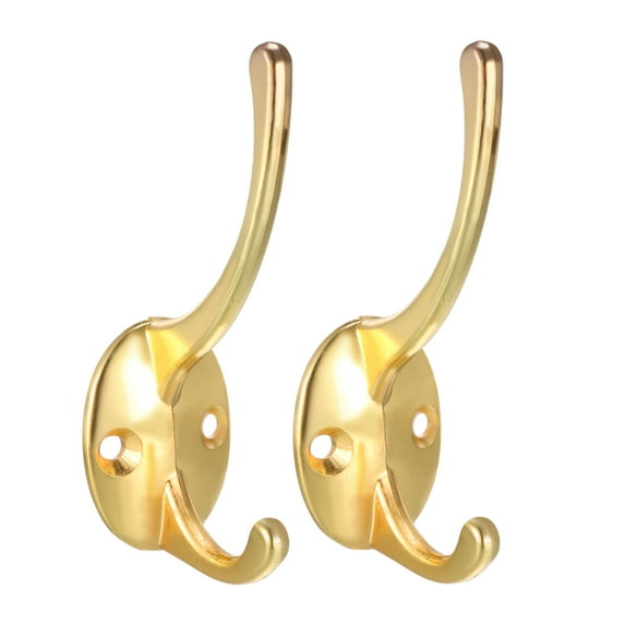 Unique Bargains Dual Prong Coat Hooks Wall Mounted Retro Double Hooks Utility Gold Hook for Coat Towel Hat 87mm x 29mm x 42mm 2Pcs