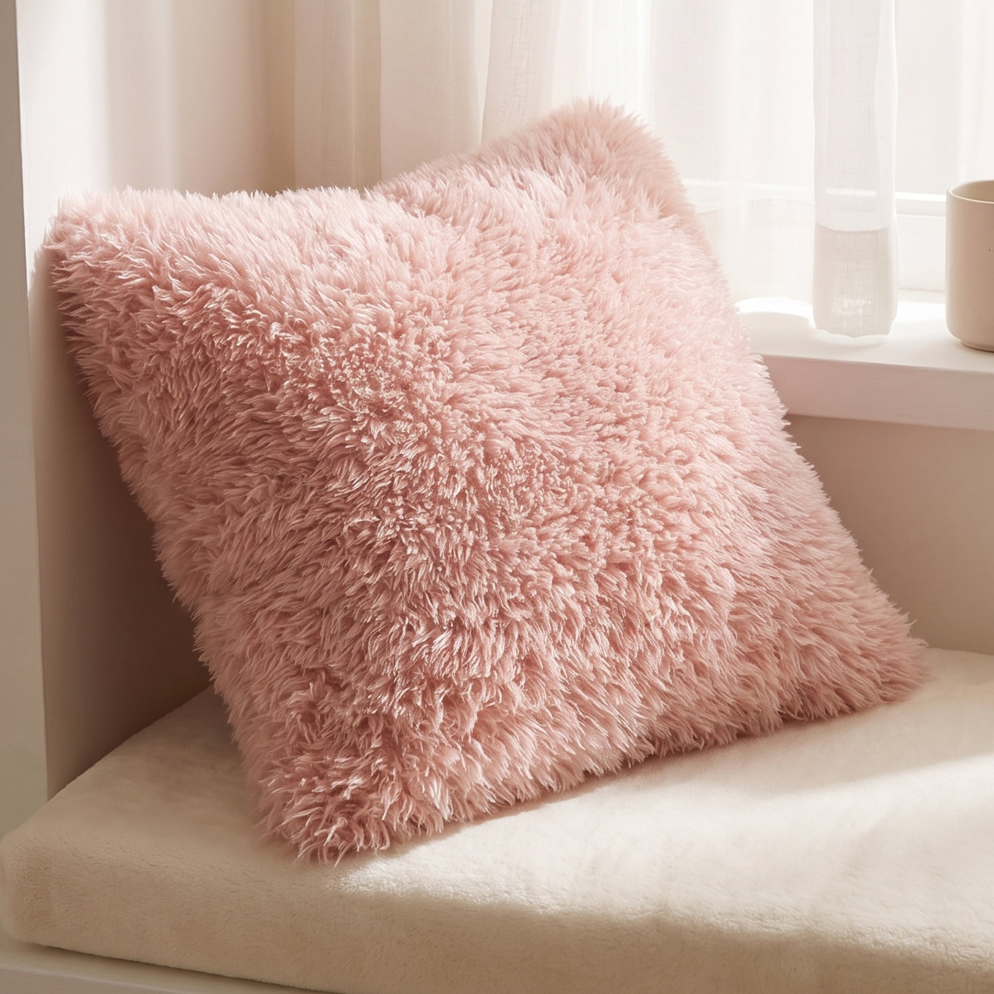 Unique Bargains Durable 1 Pc Curly Faux Fur Throw Pillow Cover Solid Case Pink 18"x18"