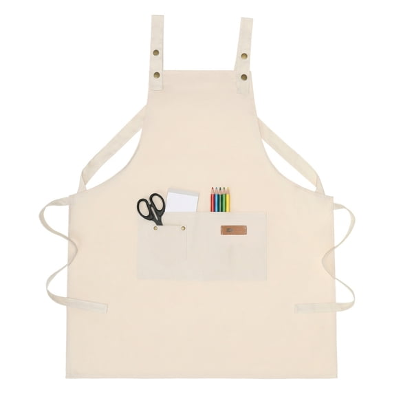 Unique Bargains Durable Cotton Kitchen Apron with Pockets for Cooking 28.4x26in Beige