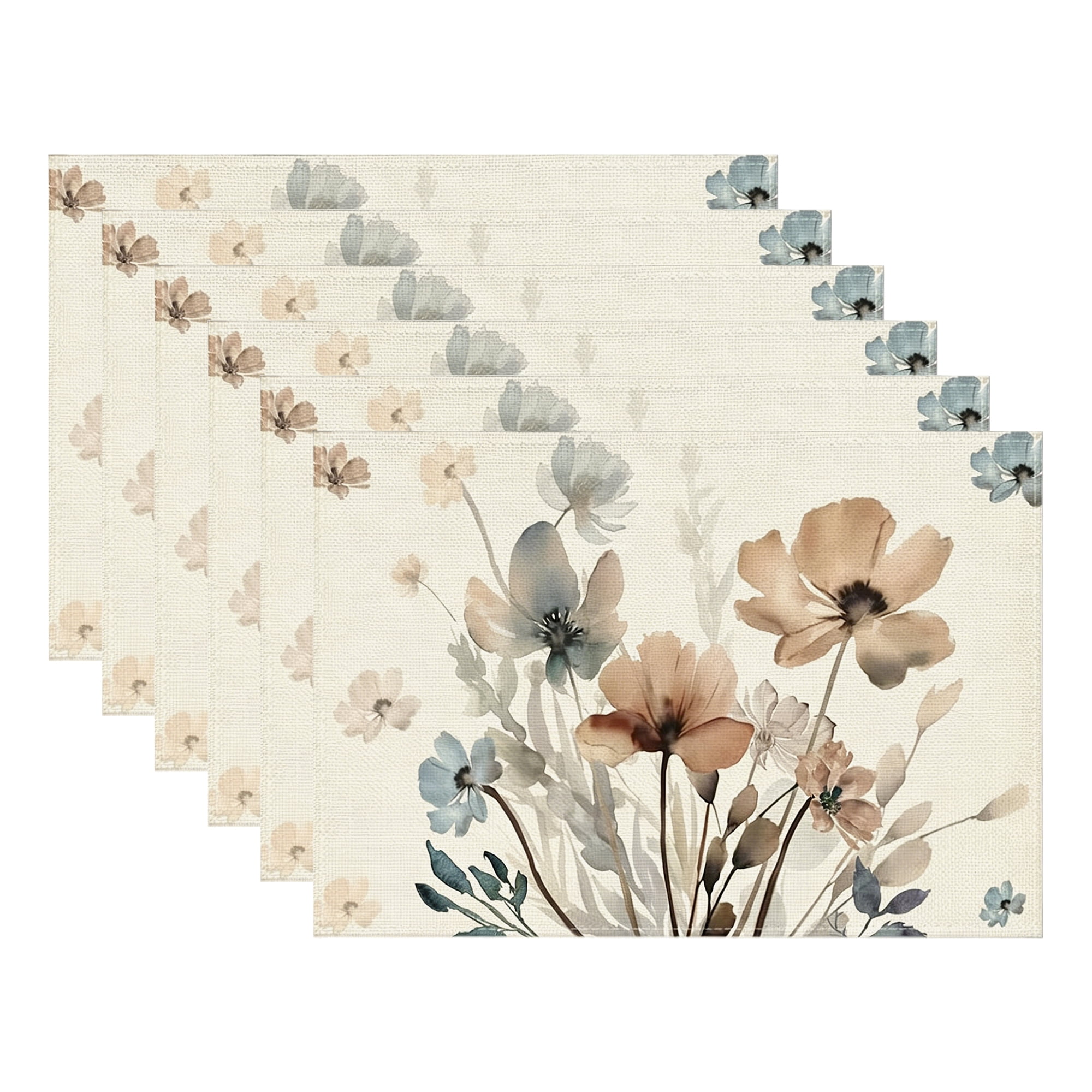 Unique Bargains Durable Farmhouse Placemats Set of 6 Linen Placemats Flowers A 18*12in