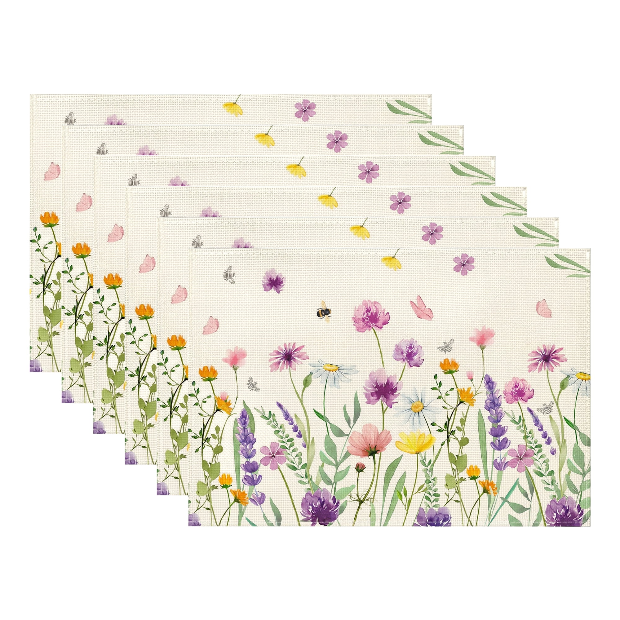 Unique Bargains Durable Farmhouse Placemats Set of 6 Linen Placemats Flowers C 18*12in