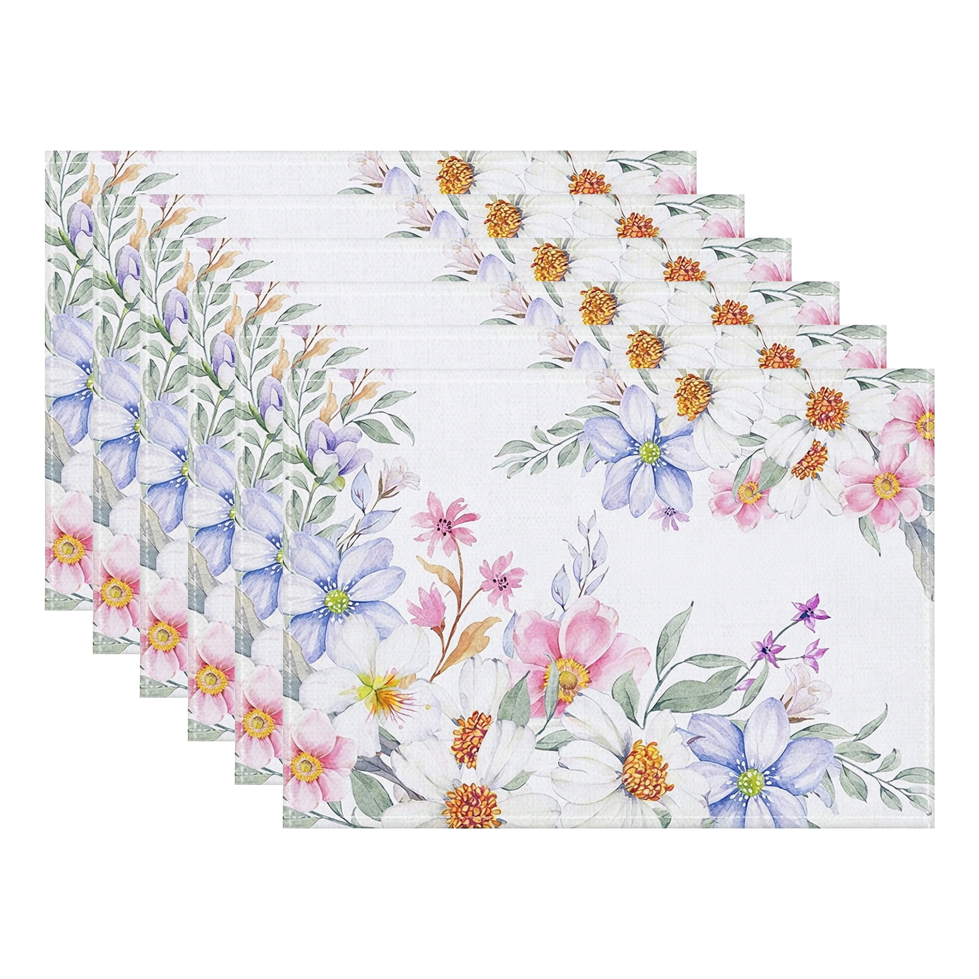 Unique Bargains Durable Farmhouse Placemats Set of 6 Linen Placemats Flowers E 18*12in